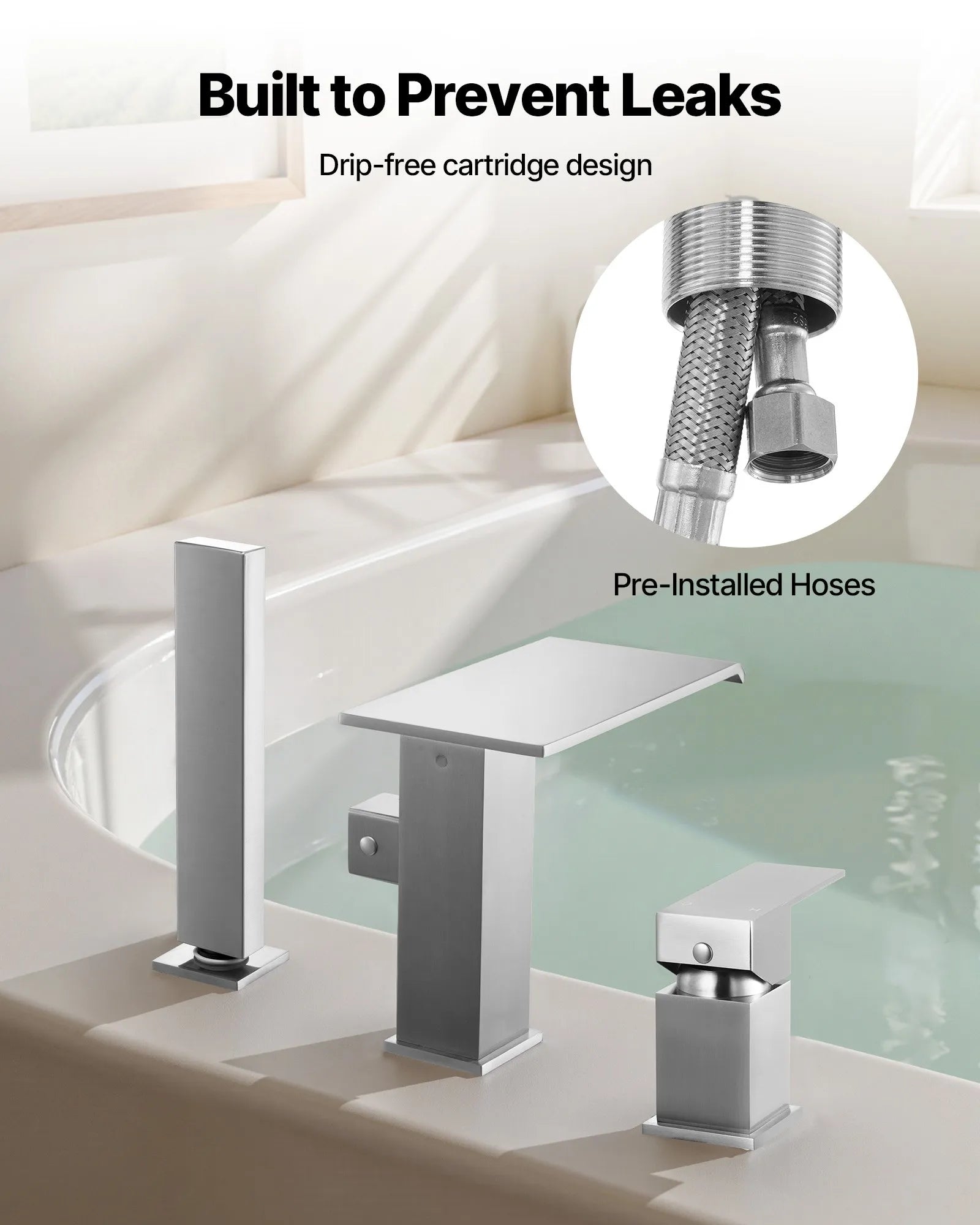 VEVOR Roman Tub Faucet, 3 Hole Waterfall Bathtub Faucet, Roman Bathtub Faucets Set with Shower Head & 1 Handle, Deck Mount Bath Tub Faucets Set for Adult Bathing, Brushed Stainless Steel, Drip-Free 