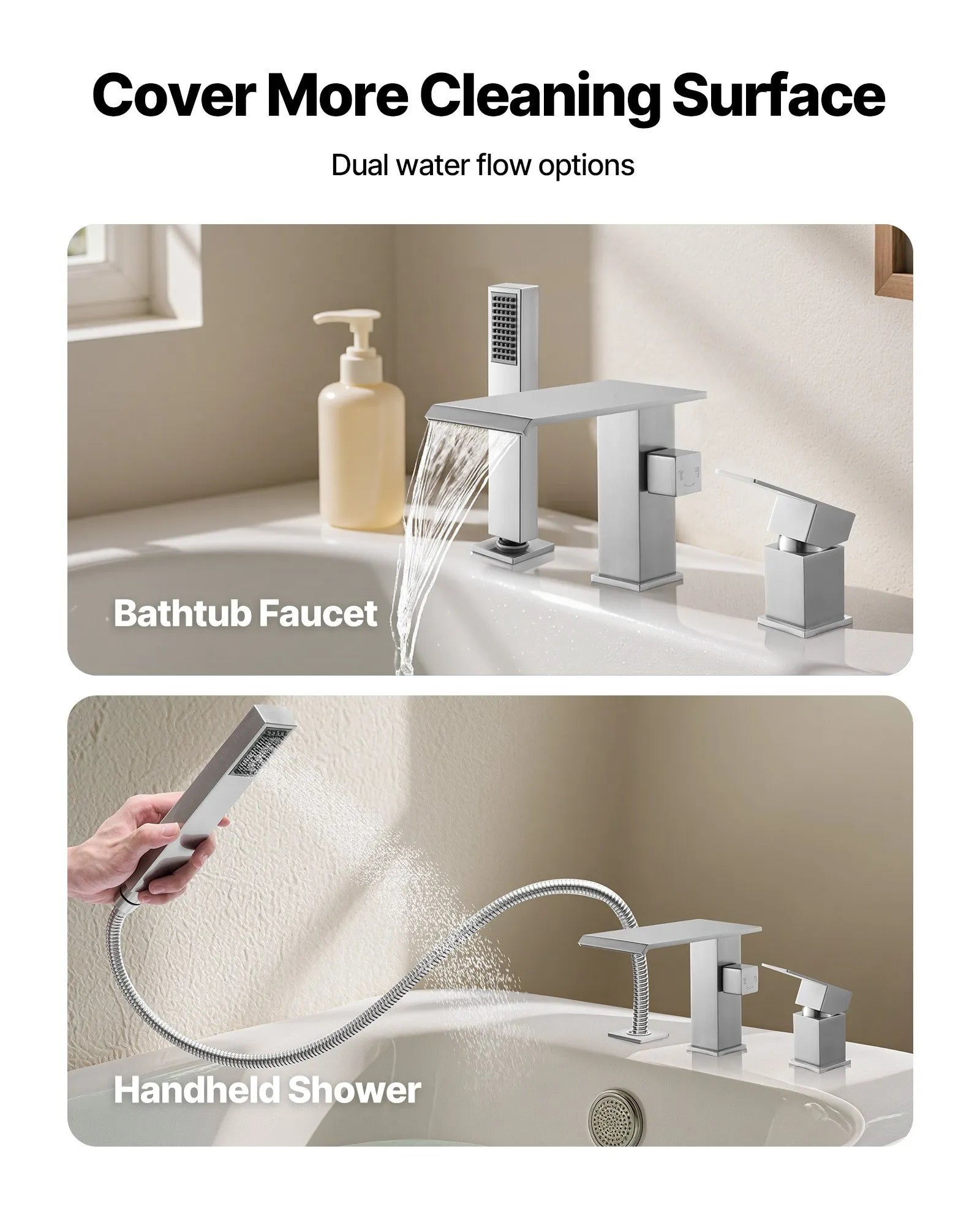 VEVOR Roman Tub Faucet, 3 Hole Waterfall Bathtub Faucet, Roman Bathtub Faucets Set with Shower Head & 1 Handle, Deck Mount Bath Tub Faucets Set for Adult Bathing, Brushed Stainless Steel, Drip-Free 