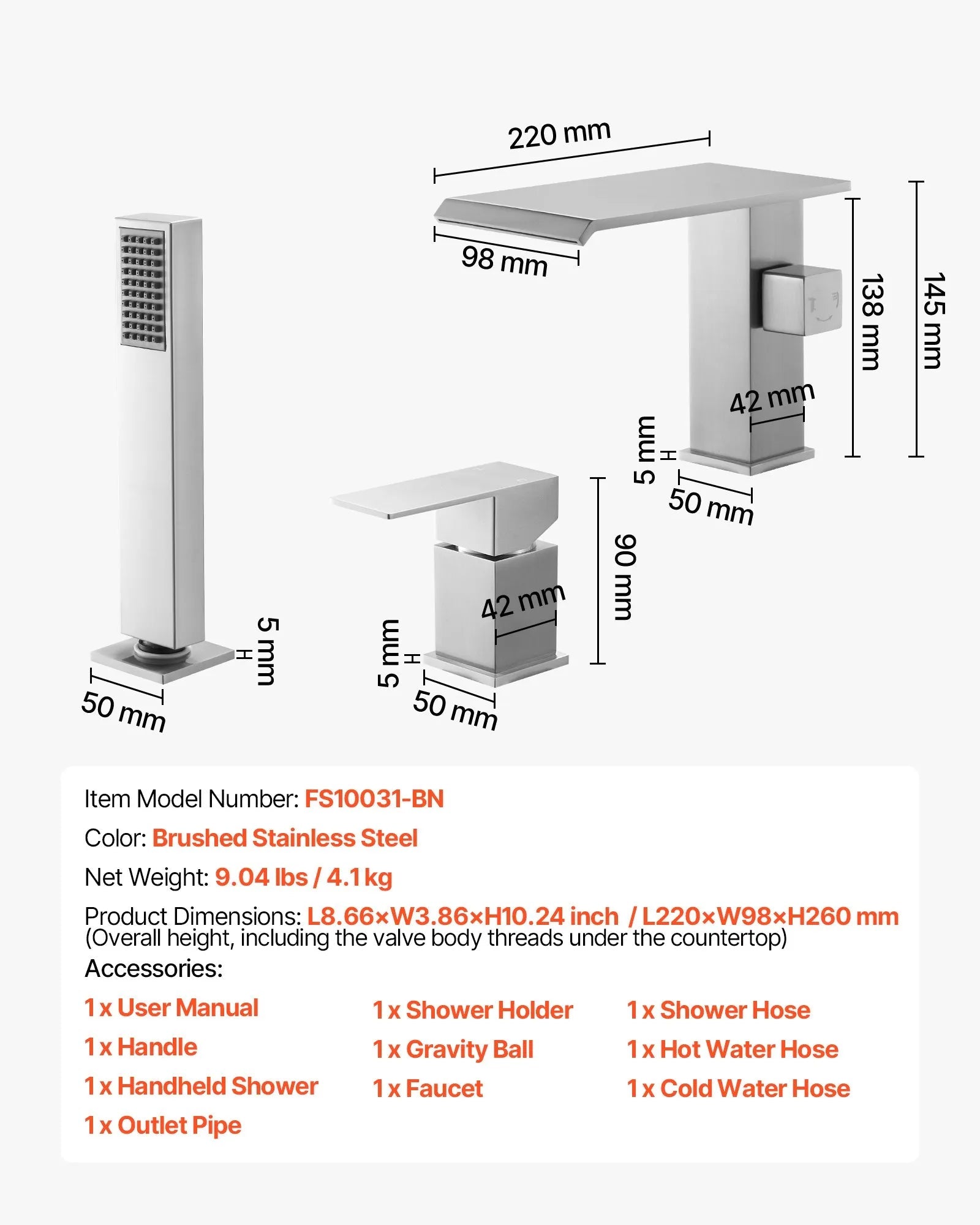 VEVOR Roman Tub Faucet, 3 Hole Waterfall Bathtub Faucet, Roman Bathtub Faucets Set with Shower Head & 1 Handle, Deck Mount Bath Tub Faucets Set for Adult Bathing, Brushed Stainless Steel, Drip-Free 