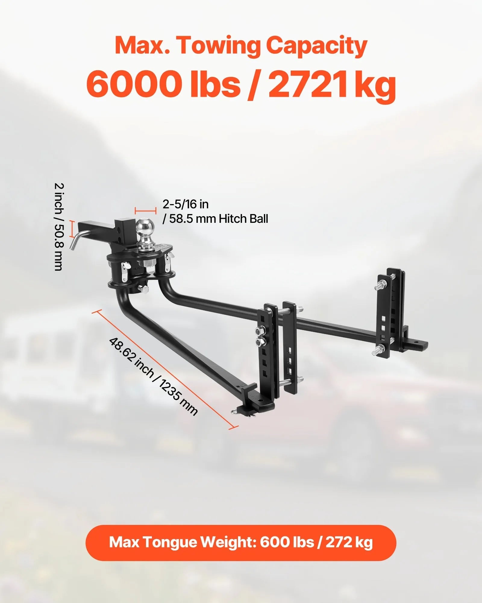 VEVOR Weight Distribution Hitch, 6000 lbs Max Towing & 600 lbs Max Tongue, Weight Distributing Hitches Kit with Sway Control Includes 2 in Shank & 2-5/16 in Ball, Load Leveling Hitch for Trailers 