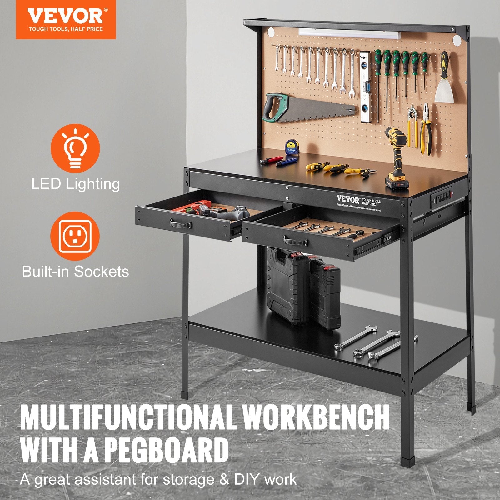 VEVOR Workbench A3 Steel Work Bench For Garage max. 1500W Heavy Duty Workbench 220lbs Weight Capacity 0.47" Bench top Thickness Hardwood Workbench 1.5m Cable 4xAC outlets 2xUSB ports 30xHooks 