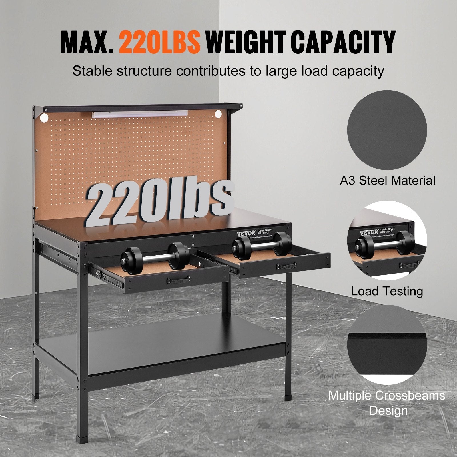 VEVOR Workbench A3 Steel Work Bench For Garage max. 1500W Heavy Duty Workbench 220lbs Weight Capacity 0.47" Bench top Thickness Hardwood Workbench 1.5m Cable 4xAC outlets 2xUSB ports 30xHooks 