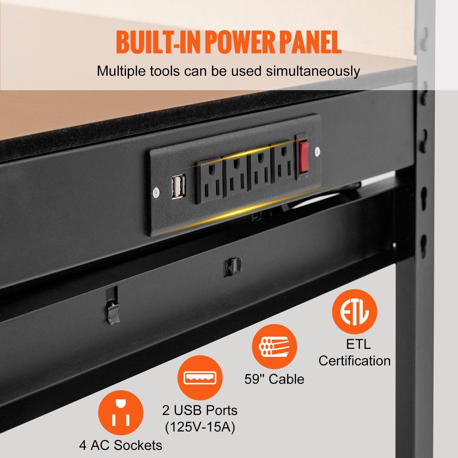VEVOR Workbench A3 Steel Work Bench For Garage max. 1500W Heavy Duty Workbench 220lbs Weight Capacity 0.47" Bench top Thickness Hardwood Workbench 1.5m Cable 4xAC outlets 2xUSB ports 30xHooks 