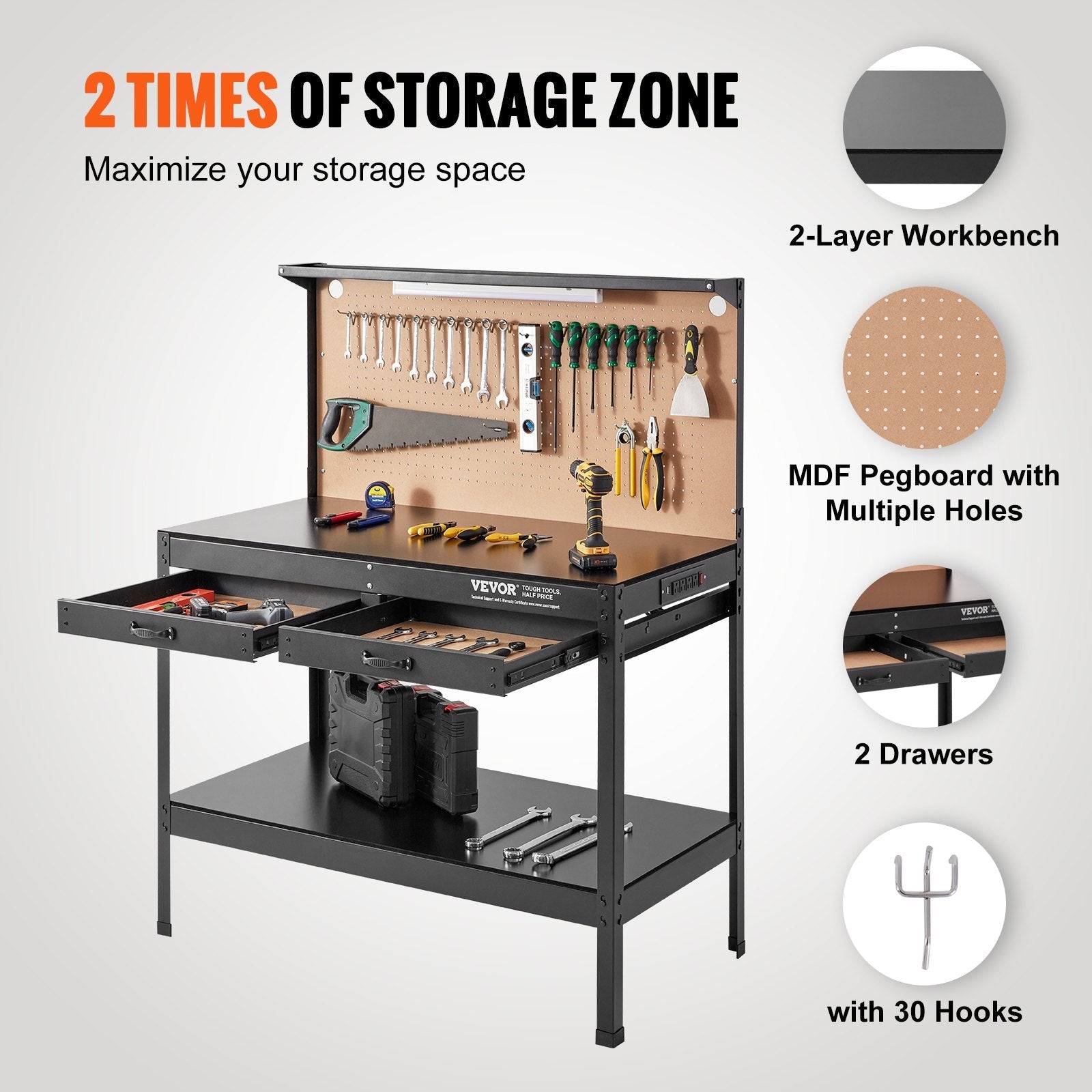 VEVOR Workbench A3 Steel Work Bench For Garage max. 1500W Heavy Duty Workbench 220lbs Weight Capacity 0.47" Bench top Thickness Hardwood Workbench 1.5m Cable 4xAC outlets 2xUSB ports 30xHooks 