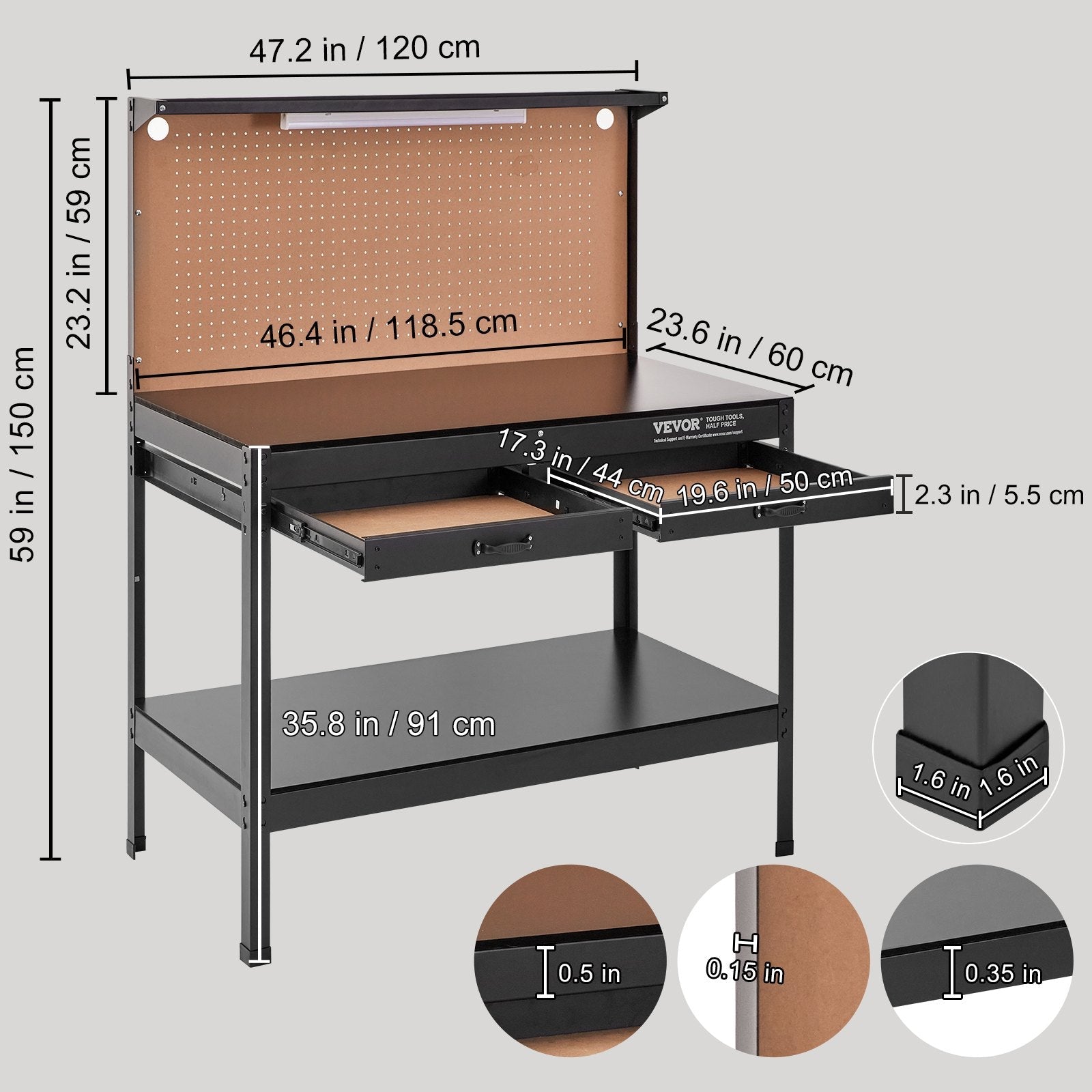 VEVOR Workbench A3 Steel Work Bench For Garage max. 1500W Heavy Duty Workbench 220lbs Weight Capacity 0.47" Bench top Thickness Hardwood Workbench 1.5m Cable 4xAC outlets 2xUSB ports 30xHooks 