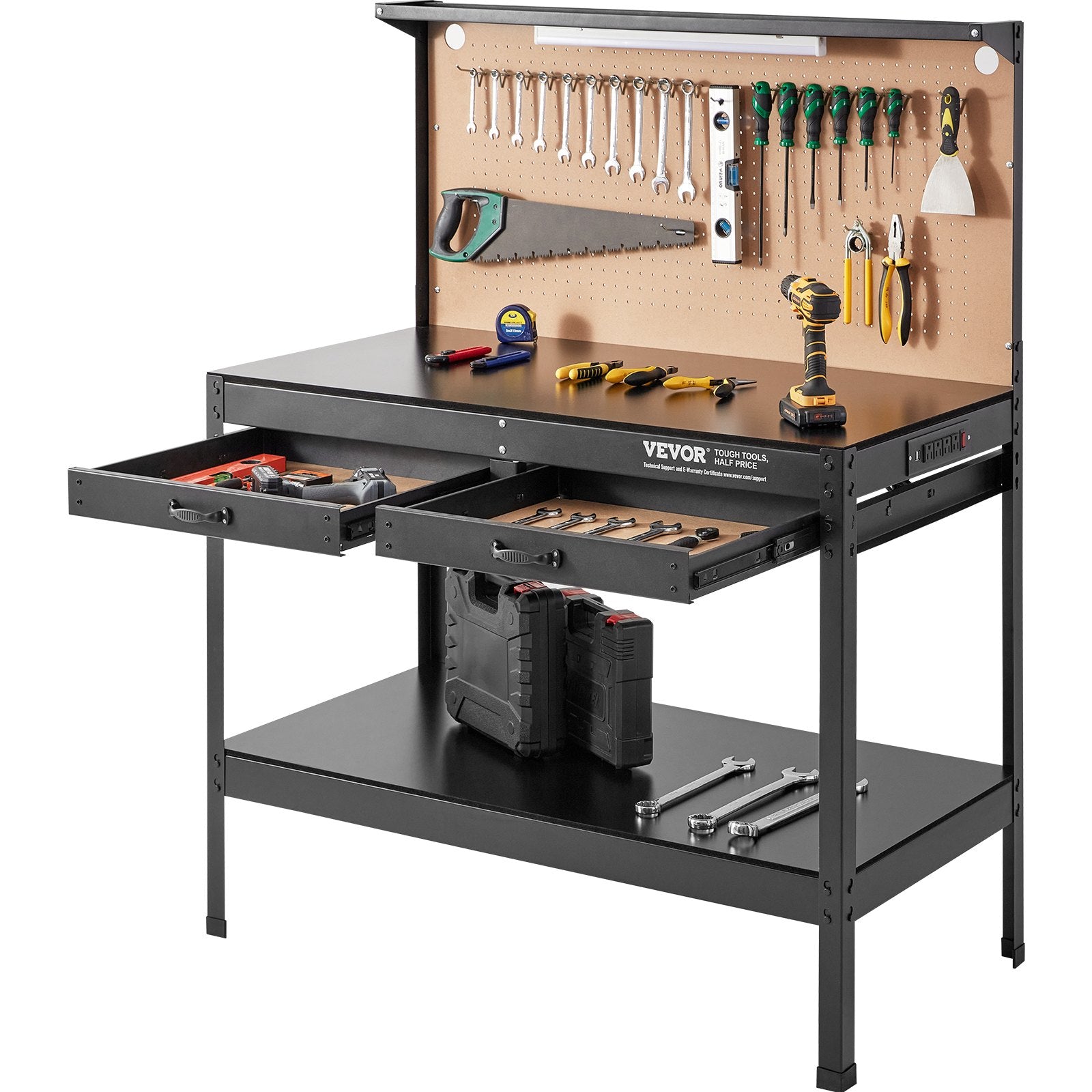 VEVOR Workbench A3 Steel Work Bench For Garage max. 1500W Heavy Duty Workbench 220lbs Weight Capacity 0.47" Bench top Thickness Hardwood Workbench 1.5m Cable 4xAC outlets 2xUSB ports 30xHooks 