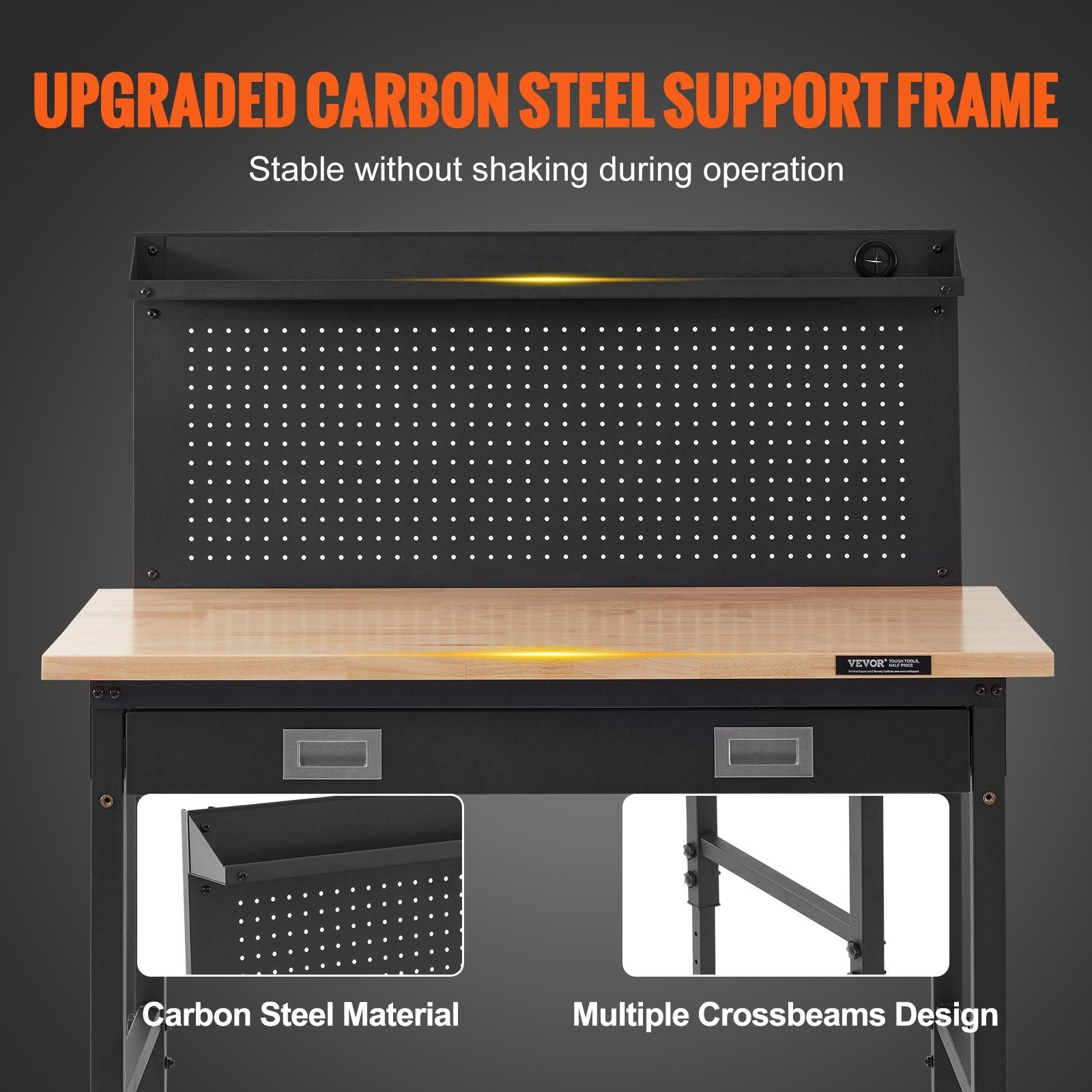 VEVOR Workbench Adjustable Height 28-39.5" Work Bench For Garage Oak Plank & Carbon Steel Heavy Duty Workbench 2000lbs Weight Capacity Bench top Size 48x24" Hardwood Workbench 3m Cable 30 Hooks 