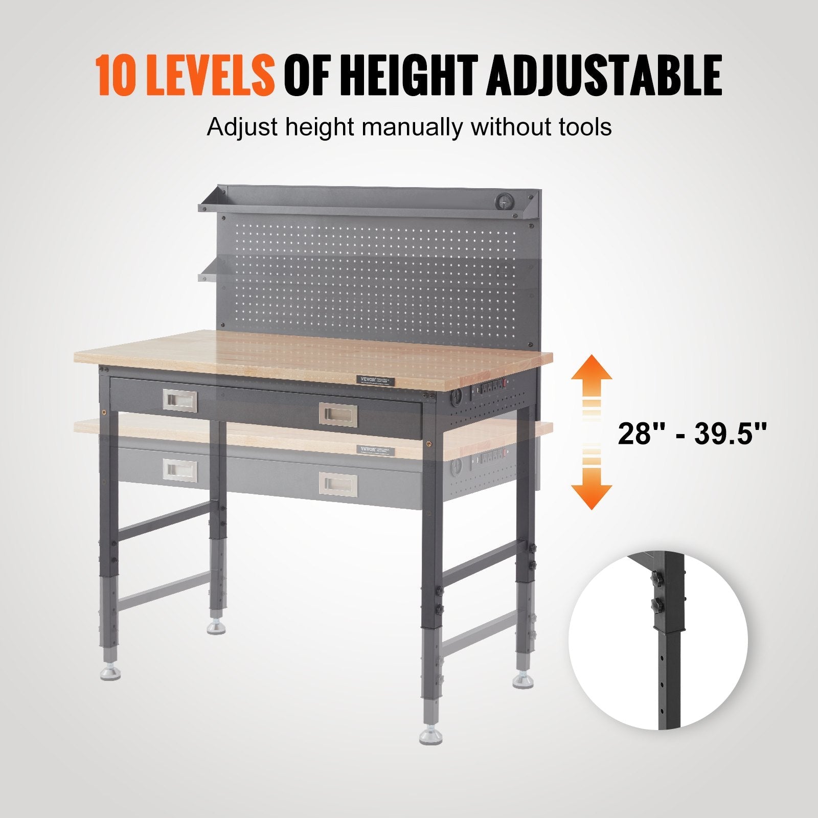 VEVOR Workbench Adjustable Height 28-39.5" Work Bench For Garage Oak Plank & Carbon Steel Heavy Duty Workbench 2000lbs Weight Capacity Bench top Size 48x24" Hardwood Workbench 3m Cable 30 Hooks 
