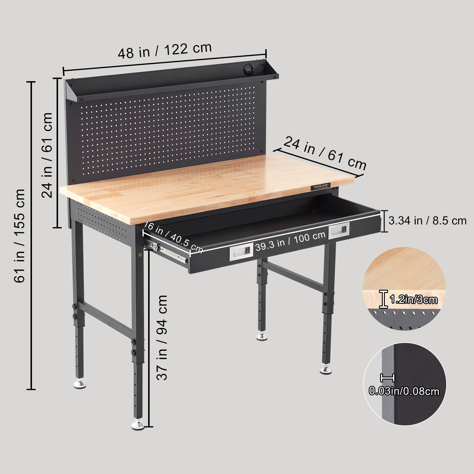 VEVOR Workbench Adjustable Height 28-39.5" Work Bench For Garage Oak Plank & Carbon Steel Heavy Duty Workbench 2000lbs Weight Capacity Bench top Size 48x24" Hardwood Workbench 3m Cable 30 Hooks 