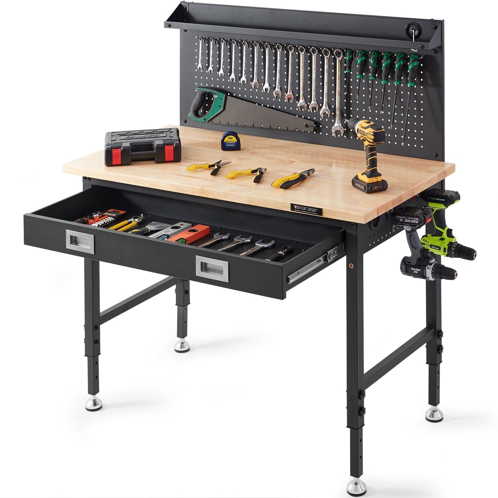 VEVOR Workbench Adjustable Height 28-39.5" Work Bench For Garage Oak Plank & Carbon Steel Heavy Duty Workbench 2000lbs Weight Capacity Bench top Size 48x24" Hardwood Workbench 3m Cable 30 Hooks 