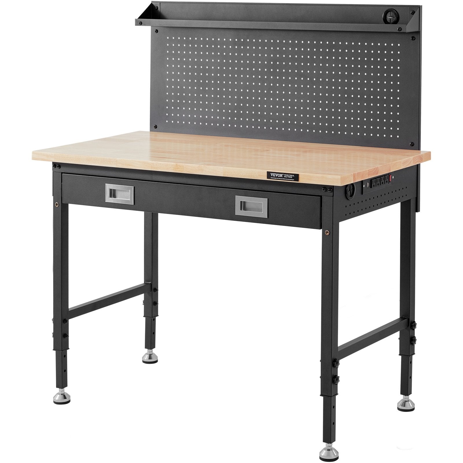 VEVOR Workbench Adjustable Height 28-39.5" Work Bench For Garage Oak Plank & Carbon Steel Heavy Duty Workbench 2000lbs Weight Capacity Bench top Size 48x24" Hardwood Workbench 3m Cable 30 Hooks 