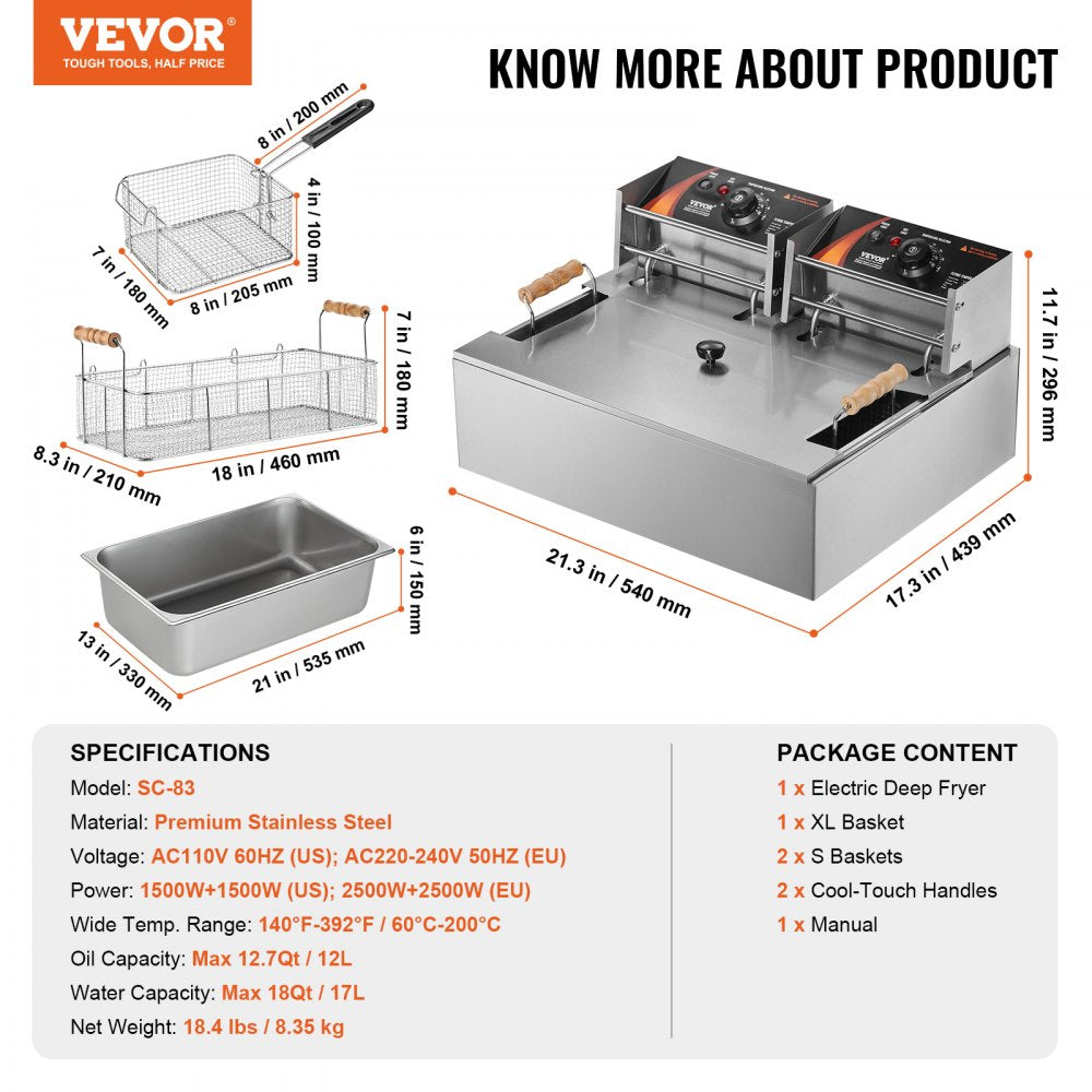 VEVOR Commercial Electric Deep Fryer Countertop Deep Fryer 3000W 18Qt / 17L 