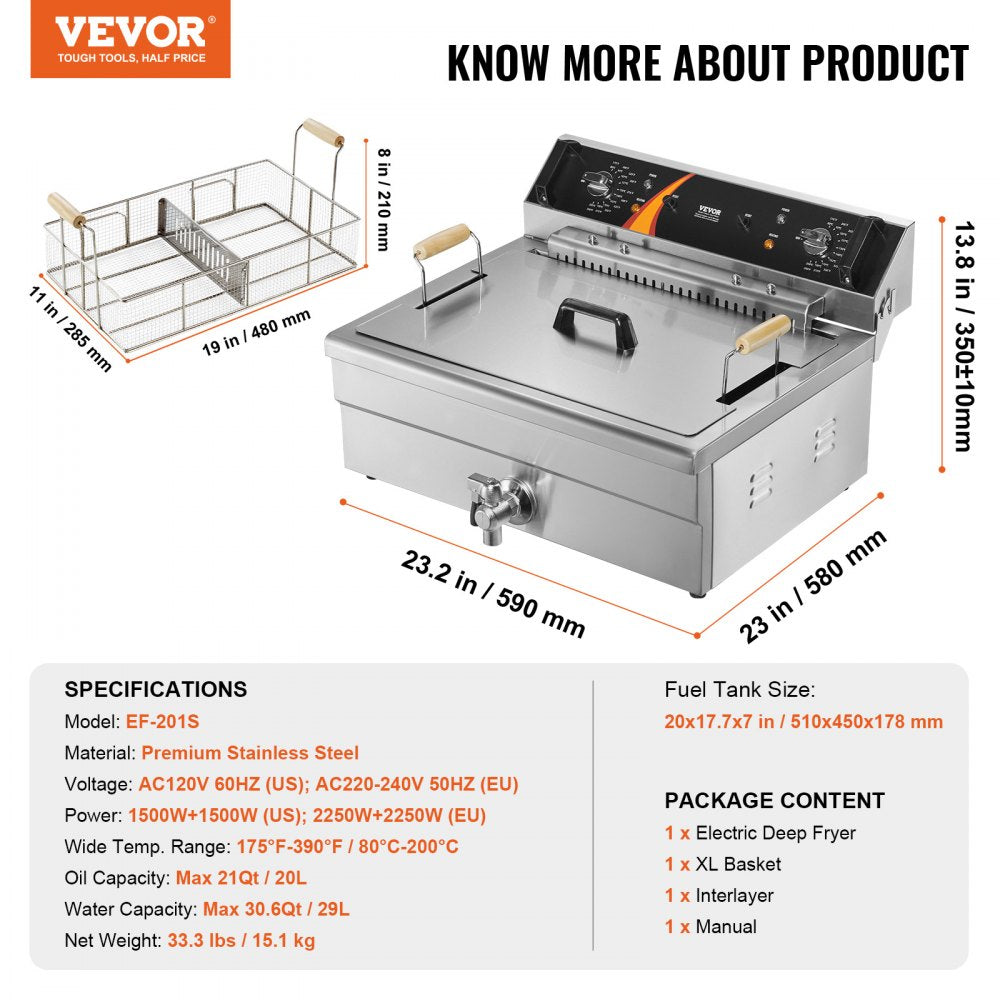 VEVOR Commercial Electric Deep Fryer Countertop Deep Fryer 3000W 30.6Qt / 29L 