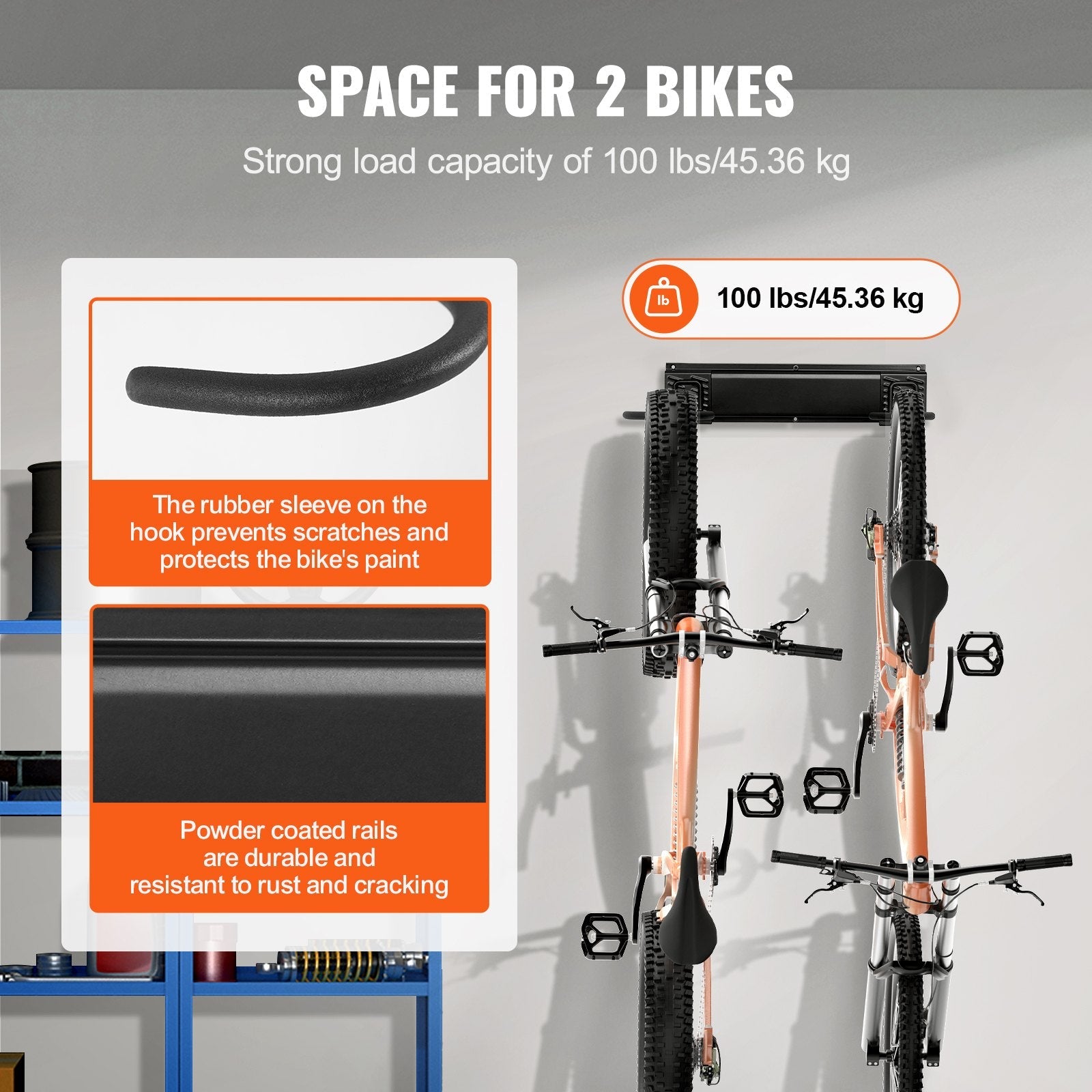 VEVOR Bike Storage Rack, 2 Bike Racks, Wall Mount Bike Storage Hanger, Home and Garage Organizer, Customizable for Various Bike Sizes, Adjustable Holder for Space Saving, Holds Up to 100 lbs, 17-inch 