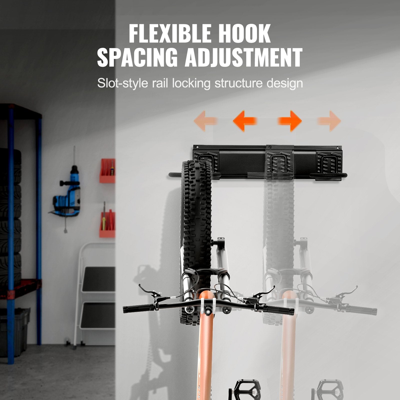 VEVOR Bike Storage Rack, 2 Bike Racks, Wall Mount Bike Storage Hanger, Home and Garage Organizer, Customizable for Various Bike Sizes, Adjustable Holder for Space Saving, Holds Up to 100 lbs, 17-inch 
