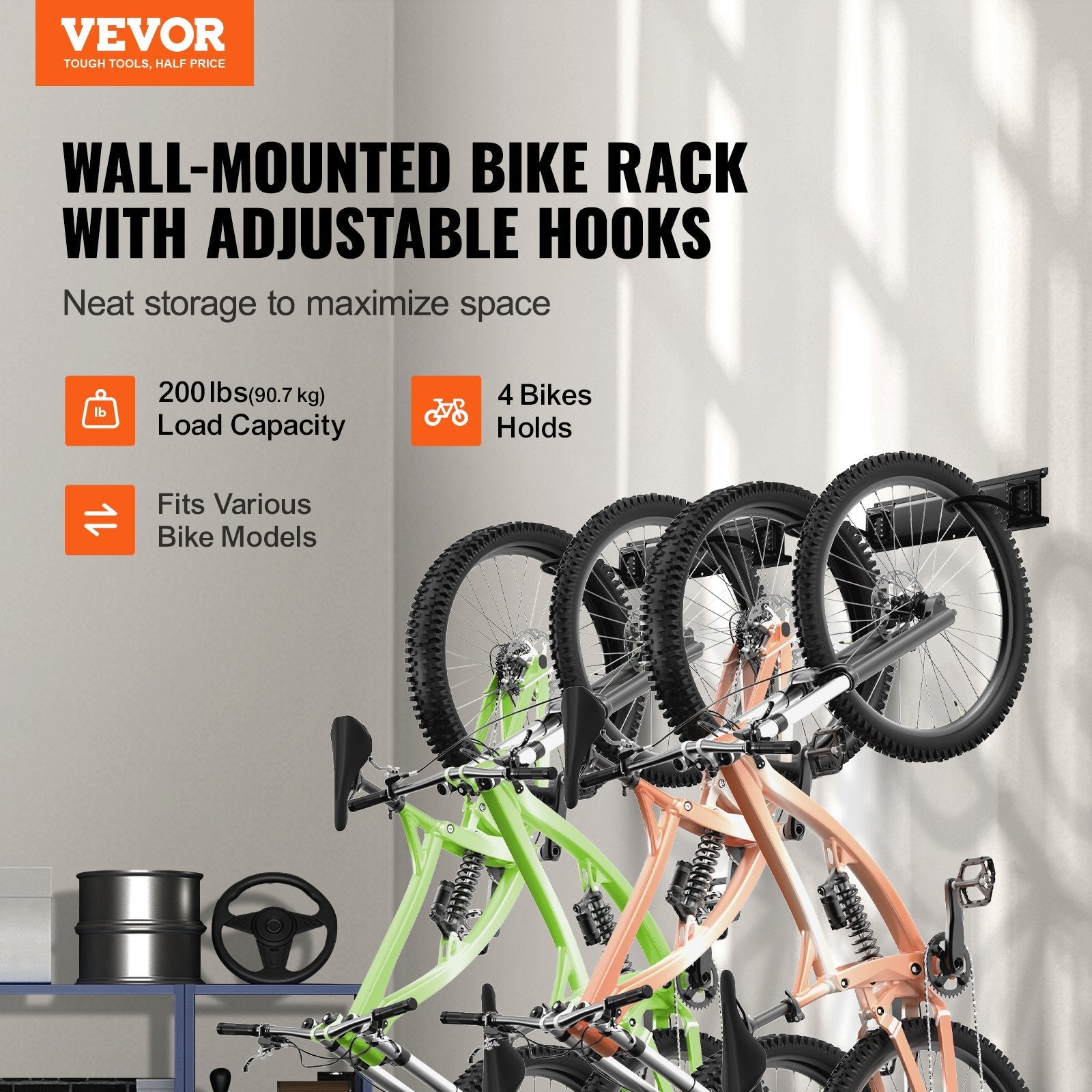 VEVOR Bike Storage Rack, 4 Bike Racks and 2 Helmets Hooks, Wall Mount Bike Storage Hanger, Home & Garage Organizer, Customizable for Various Bike Sizes, Adjustable Holder, Holds Up to 200 lbs, 32-inch 