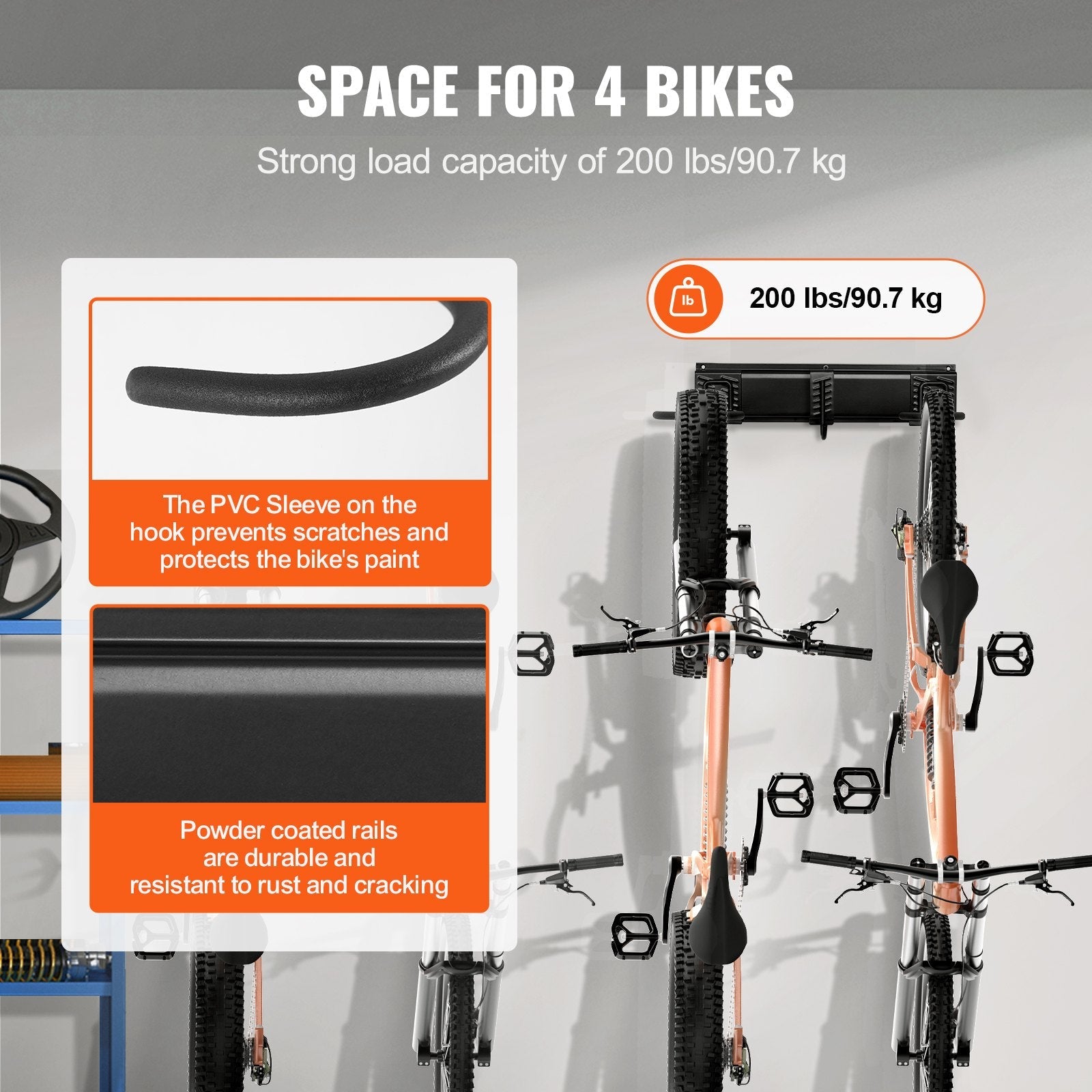 VEVOR Bike Storage Rack, 4 Bike Racks and 2 Helmets Hooks, Wall Mount Bike Storage Hanger, Home & Garage Organizer, Customizable for Various Bike Sizes, Adjustable Holder, Holds Up to 200 lbs, 32-inch 