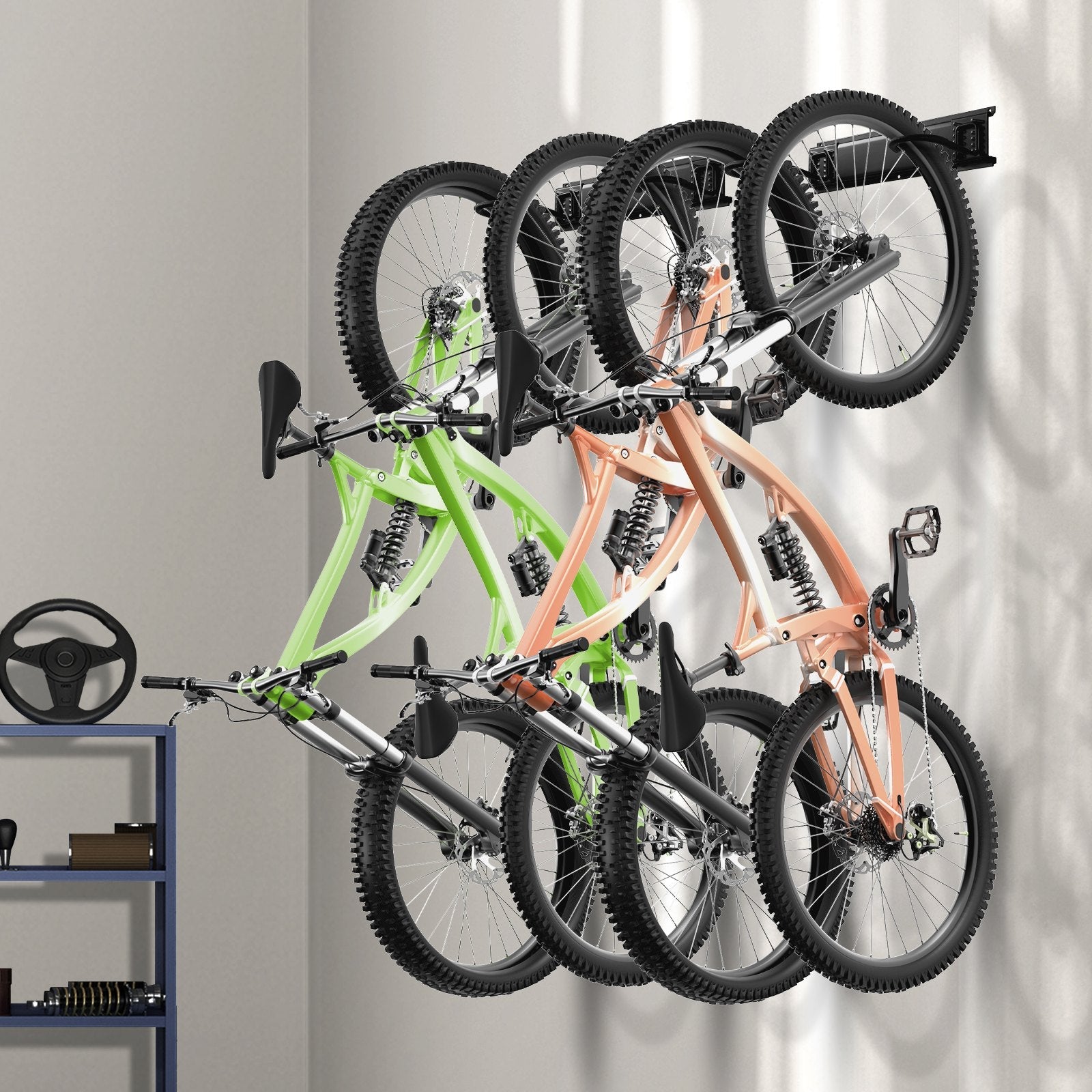 VEVOR Bike Storage Rack, 4 Bike Racks and 2 Helmets Hooks, Wall Mount Bike Storage Hanger, Home & Garage Organizer, Customizable for Various Bike Sizes, Adjustable Holder, Holds Up to 200 lbs, 32-inch 
