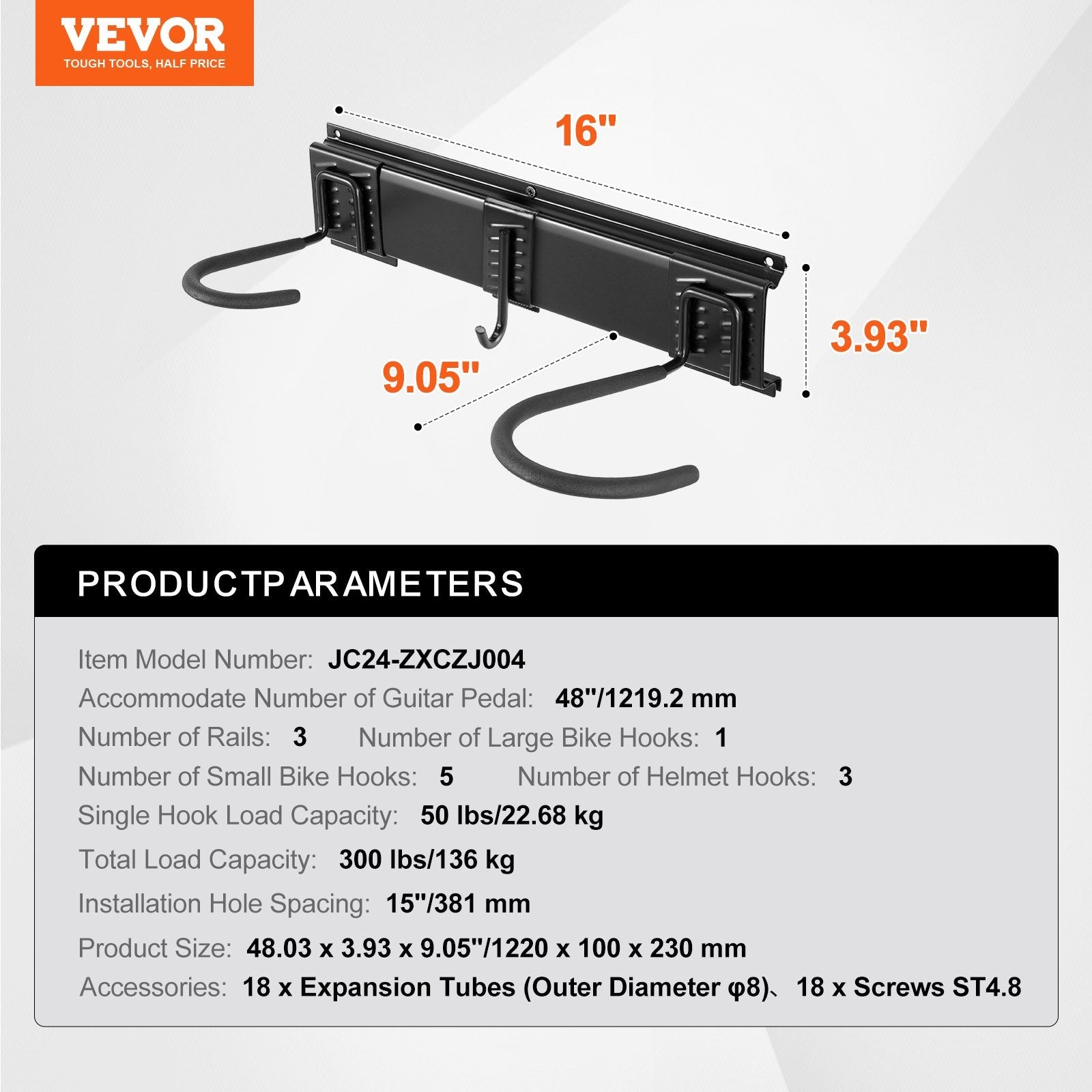VEVOR Bike Storage Rack, 6 Bike Racks and 3 Helmets Hooks, Wall Mount Bike Storage Hanger, Home & Garage Organizer, Customizable for Various Bike Sizes, Adjustable Holder, Holds Up to 300 lbs, 48-inch 