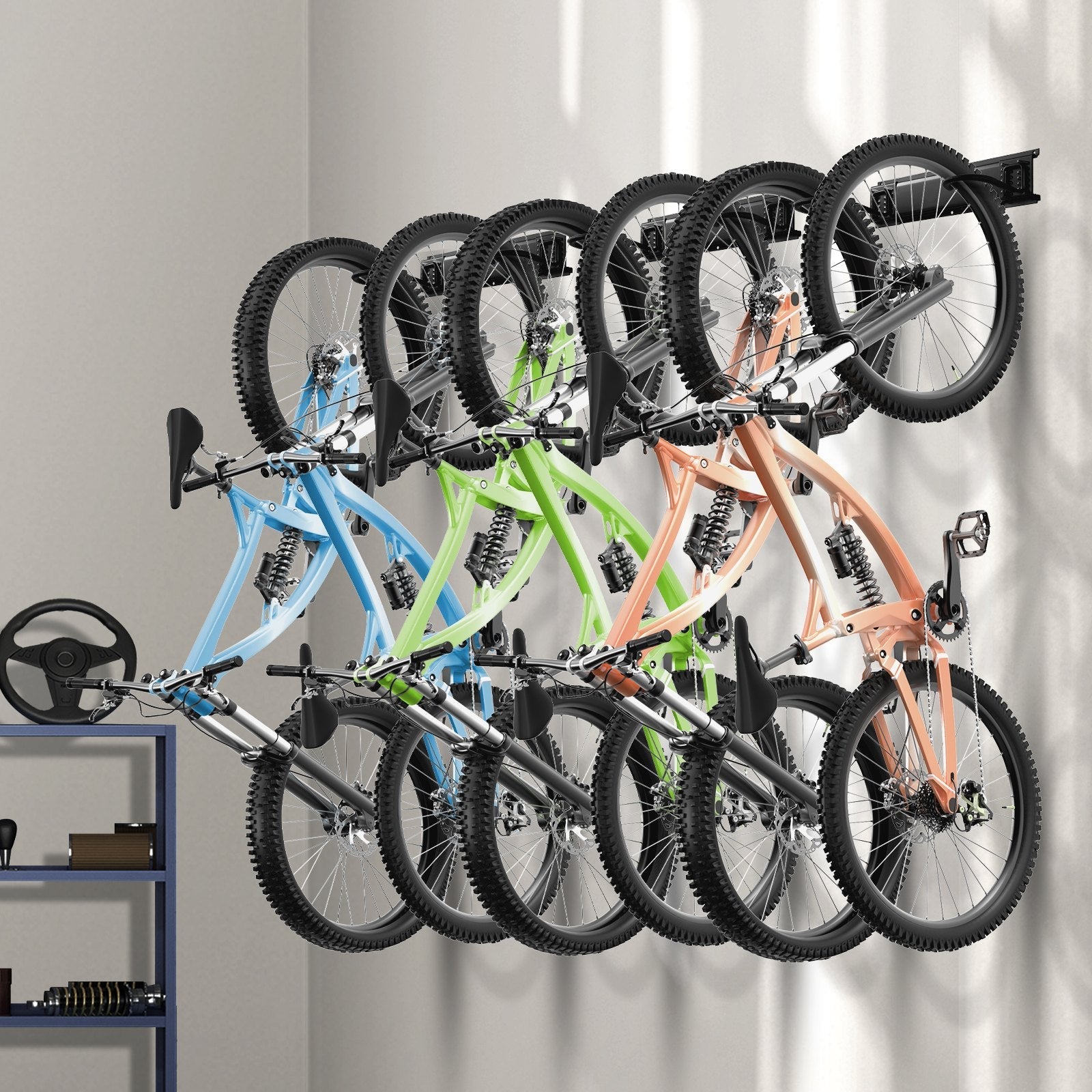 VEVOR Bike Storage Rack, 6 Bike Racks and 3 Helmets Hooks, Wall Mount Bike Storage Hanger, Home & Garage Organizer, Customizable for Various Bike Sizes, Adjustable Holder, Holds Up to 300 lbs, 48-inch 