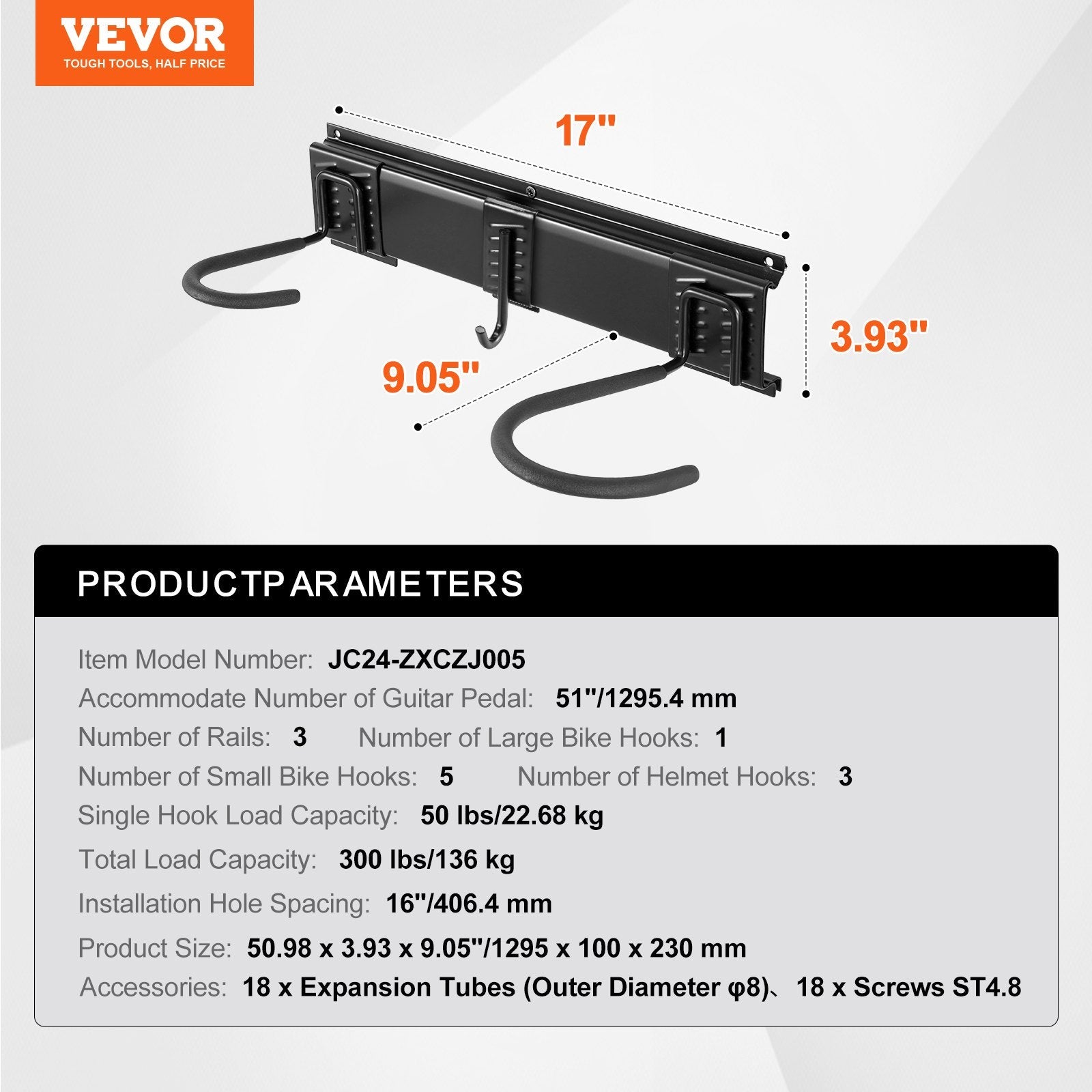 VEVOR Bike Storage Rack, 6 Bike Racks and 3 Helmets Hooks, Wall Mount Bike Storage Hanger, Home & Garage Organizer, Customizable for Various Bike Sizes, Adjustable Holder, Holds Up to 300 lbs, 51-inch 