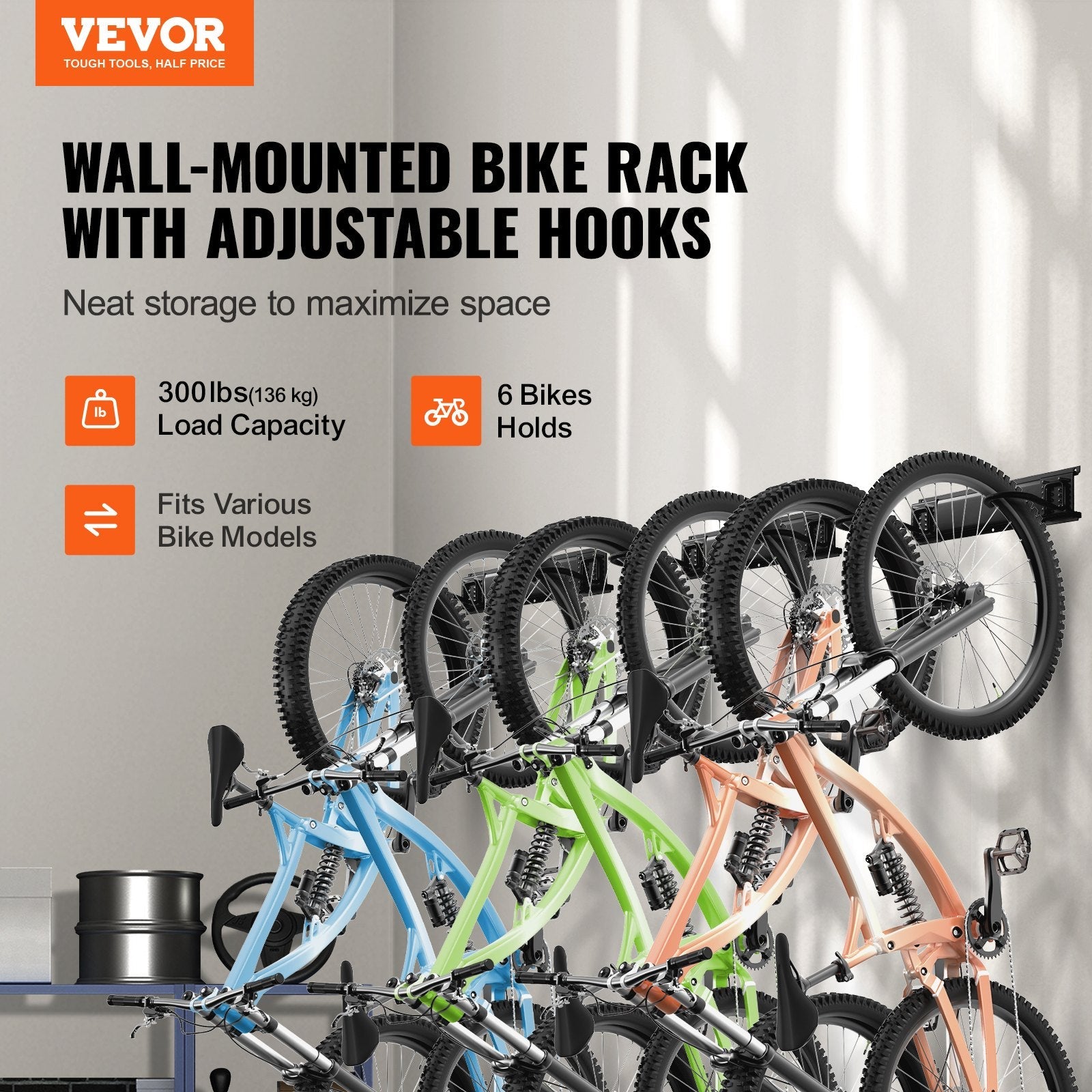 VEVOR Bike Storage Rack, 6 Bike Racks and 6 Helmets Hooks, Wall Mount Bike Storage Hanger, Home & Garage Organizer, Customizable for Various Bike Sizes, Adjustable Holder, Holds Up to 300 lbs, 68-inch 