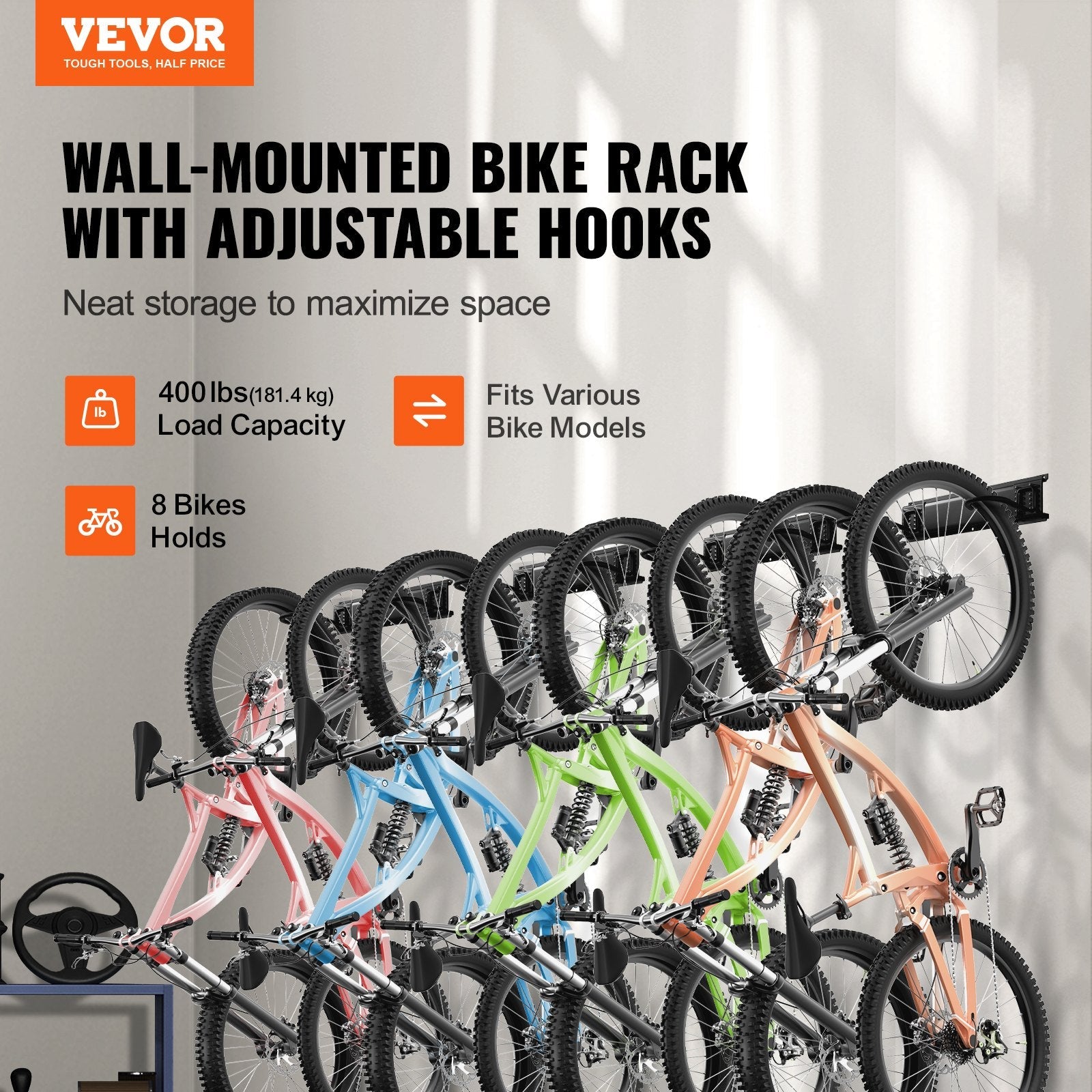 VEVOR Bike Storage Rack, 8 Bike Racks and 7 Helmets Hooks, Wall Mount Bike Storage Hanger, Home & Garage Organizer, Customizable for Various Bike Sizes, Adjustable Holder, Holds Up to 400 lbs, 72-inch 