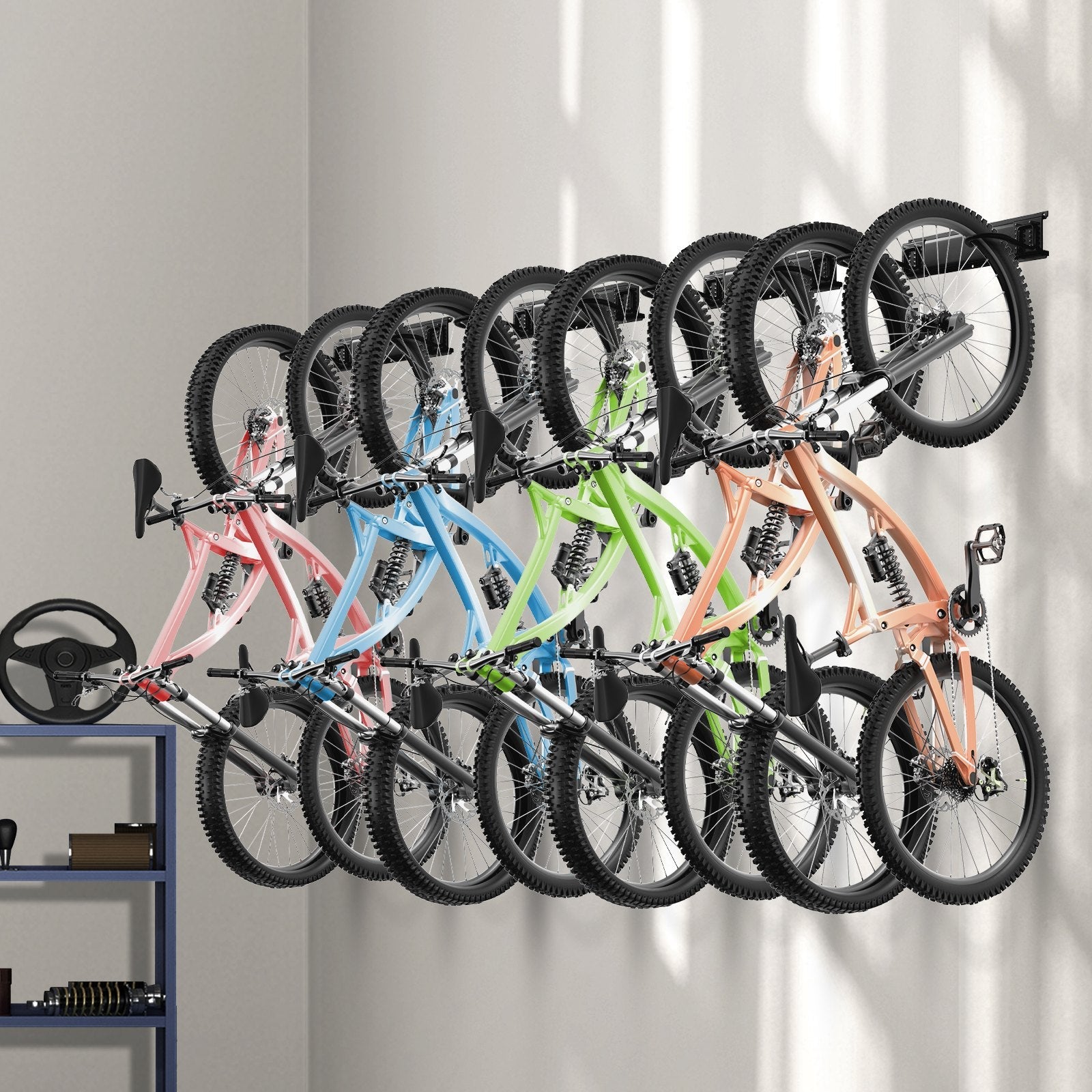 VEVOR Bike Storage Rack, 8 Bike Racks and 7 Helmets Hooks, Wall Mount Bike Storage Hanger, Home & Garage Organizer, Customizable for Various Bike Sizes, Adjustable Holder, Holds Up to 400 lbs, 72-inch 