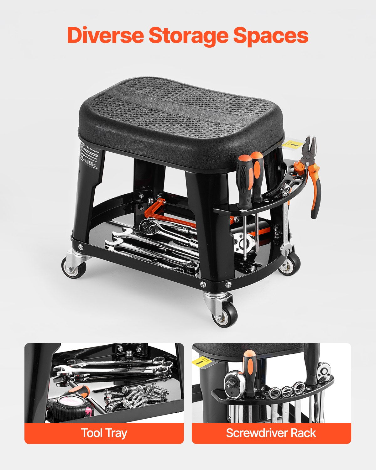 VEVOR Mechanic Stool Rolling Workshop Seat 300 lbs Load with Wheels & Tool Tray 
