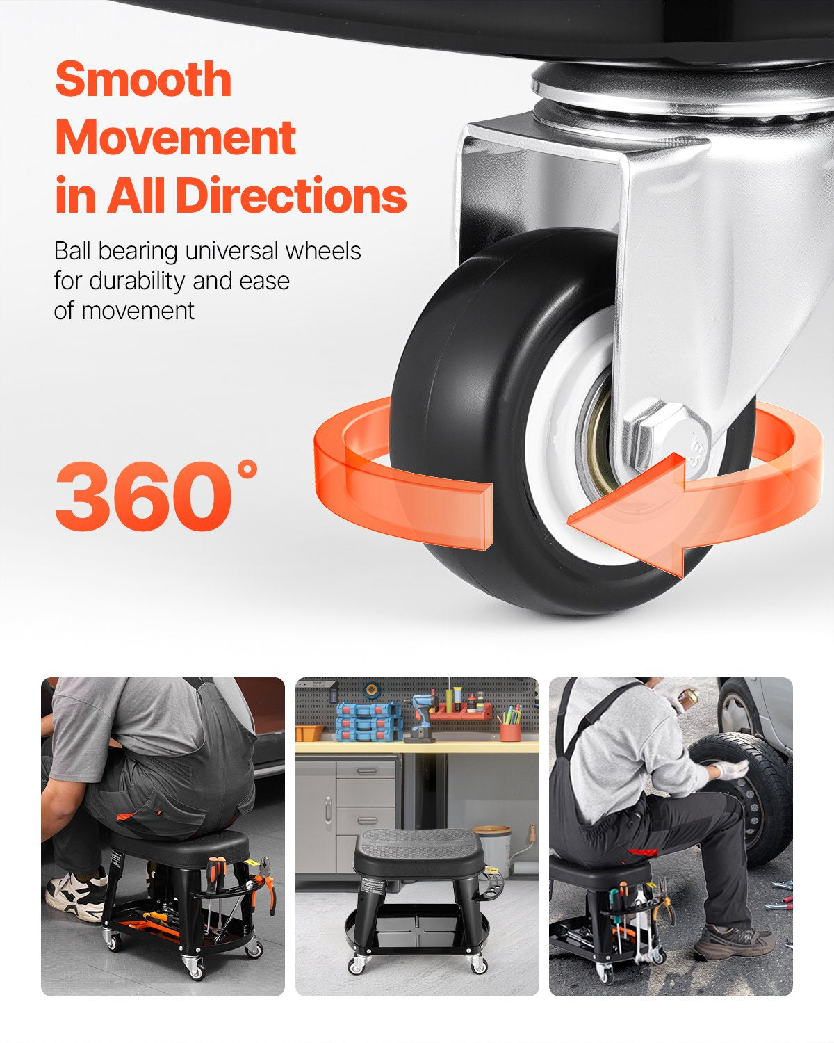 VEVOR Mechanic Stool Rolling Workshop Seat 300 lbs Load with Wheels & Tool Tray 
