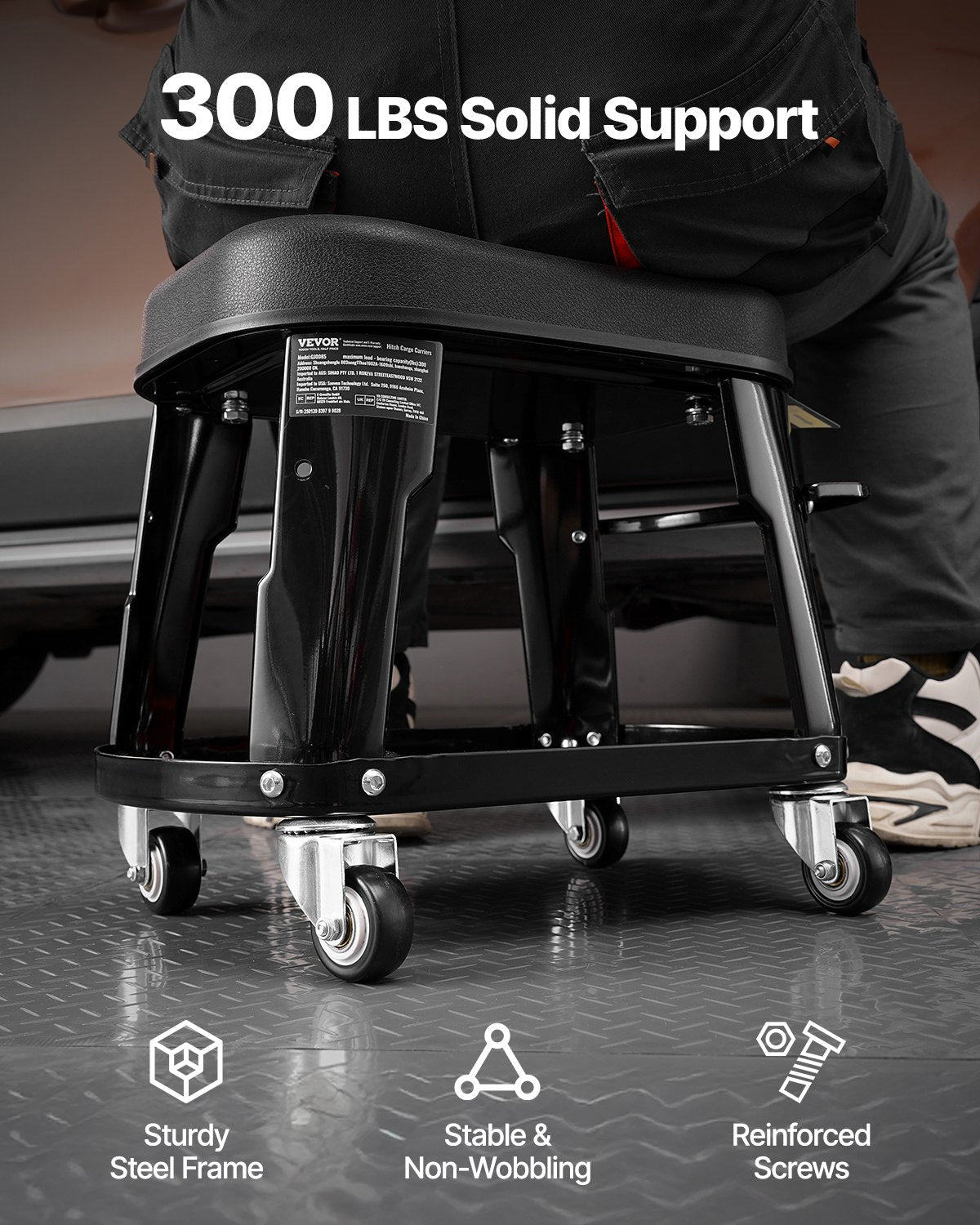 VEVOR Mechanic Stool Rolling Workshop Seat 300 lbs Load with Wheels & Tool Tray 