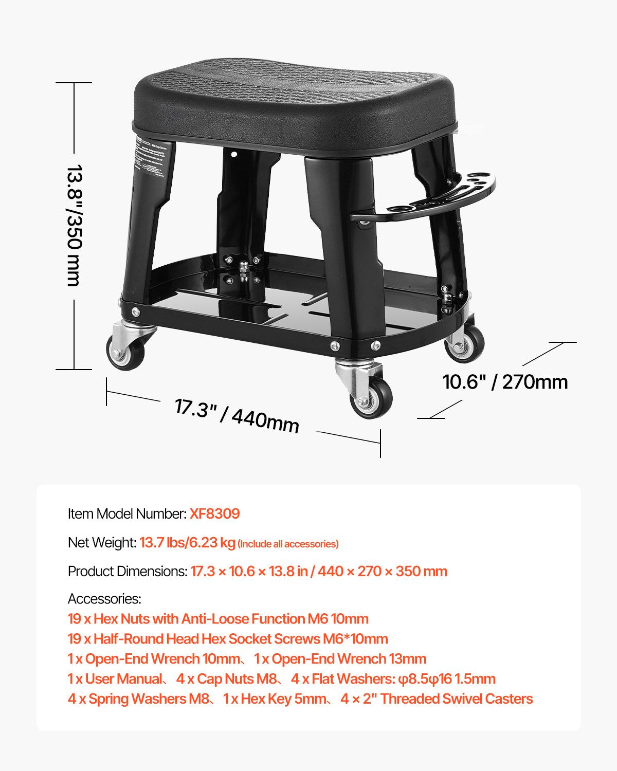 VEVOR Mechanic Stool Rolling Workshop Seat 300 lbs Load with Wheels & Tool Tray 
