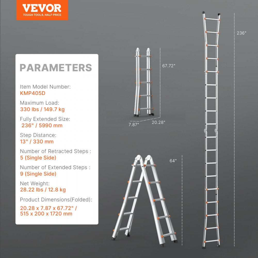 VEVOR Telescoping Ladder A Frame 19 FT Extension Multi-Function for Homework 
