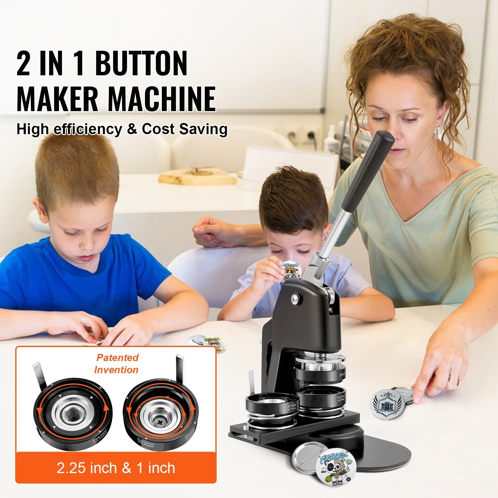 VEVOR Button Maker Machine, Multiple Sizes 1+2.25 Inch Badge Punch Press Kit, Children DIY Gifts Pin Maker, Button Making Supplies with 500pcs Button Parts & Circle Cutter & Magic Book 
