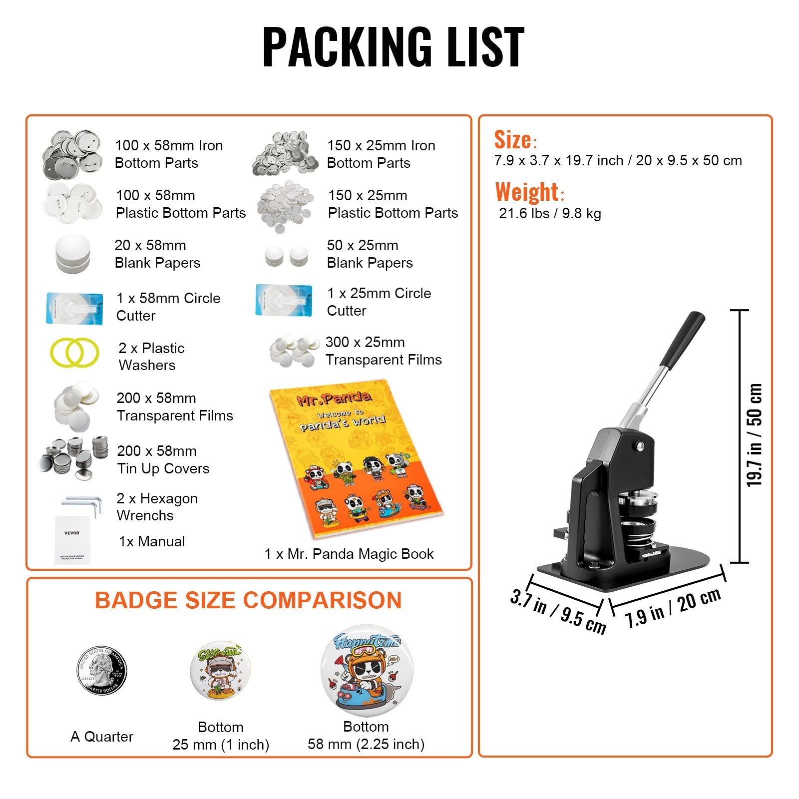 VEVOR Button Maker Machine, Multiple Sizes 1+2.25 Inch Badge Punch Press Kit, Children DIY Gifts Pin Maker, Button Making Supplies with 500pcs Button Parts & Circle Cutter & Magic Book 