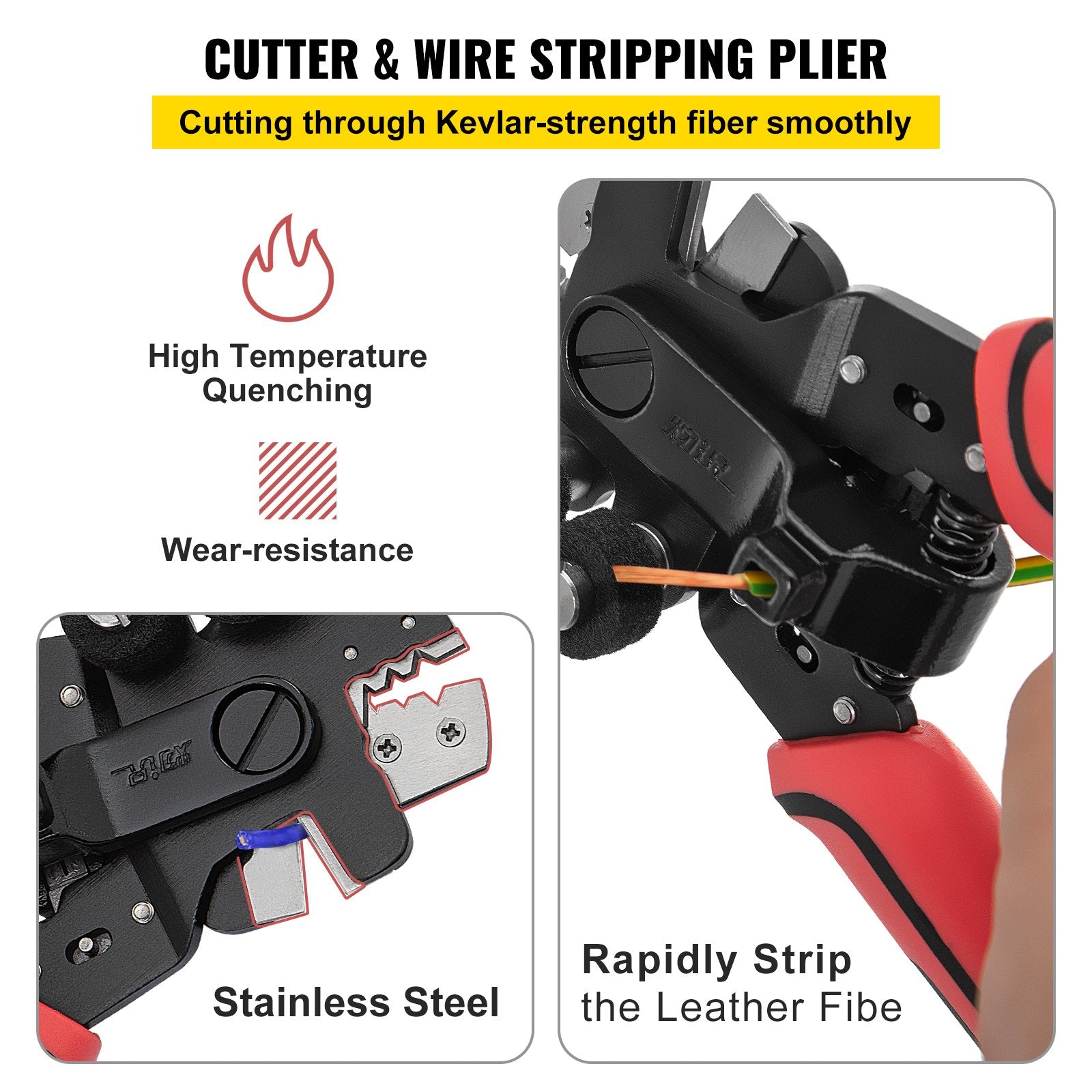 VEVOR Fiber Optic Stripper, 4 in 1 Wire Cutters Pliers, Three Hole Fiber Stripping Plier w/Wire Cutter for Stripping, Cutting and Cleaning, Applied in Electrical Work and Maintenance 