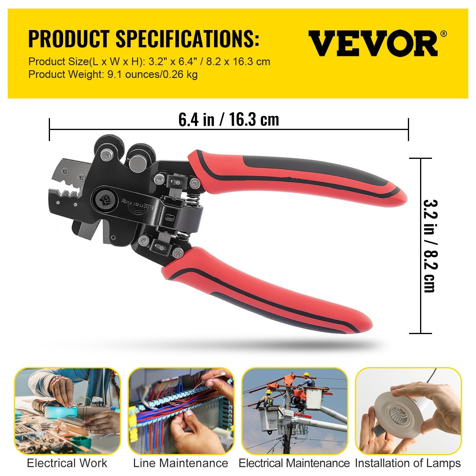 VEVOR Fiber Optic Stripper, 4 in 1 Wire Cutters Pliers, Three Hole Fiber Stripping Plier w/Wire Cutter for Stripping, Cutting and Cleaning, Applied in Electrical Work and Maintenance 
