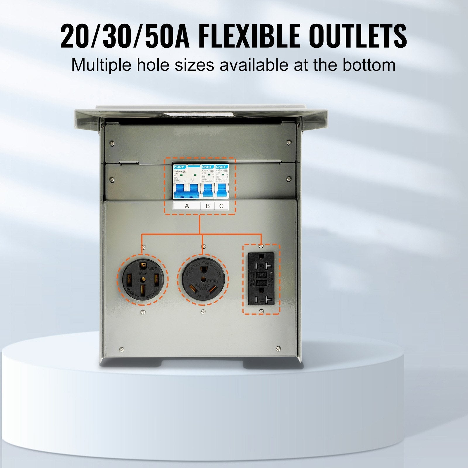 VEVOR Temporary Power Outlet Panel, 125/250V, RV Power Outlet Box with a 20/30/50 Amp Receptacle Installed, NEMA 14-50R / NEMA TT-30R / 15A GFCI for RV Camper Trailer Motorhome, Tested to UL Standards 