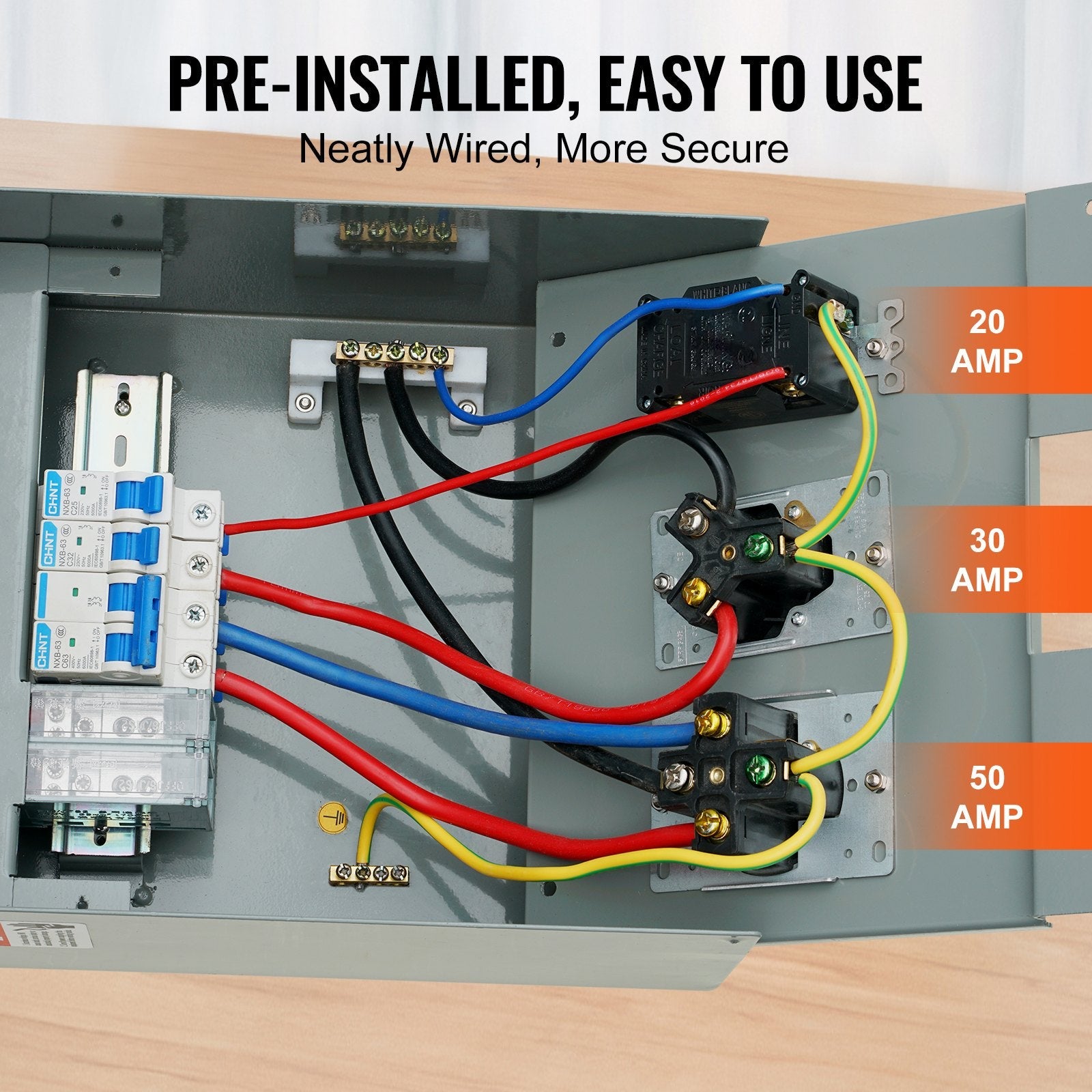 VEVOR Temporary Power Outlet Panel, 125/250V, RV Power Outlet Box with a 20/30/50 Amp Receptacle Installed, NEMA 14-50R / NEMA TT-30R / 15A GFCI for RV Camper Trailer Motorhome, Tested to UL Standards 