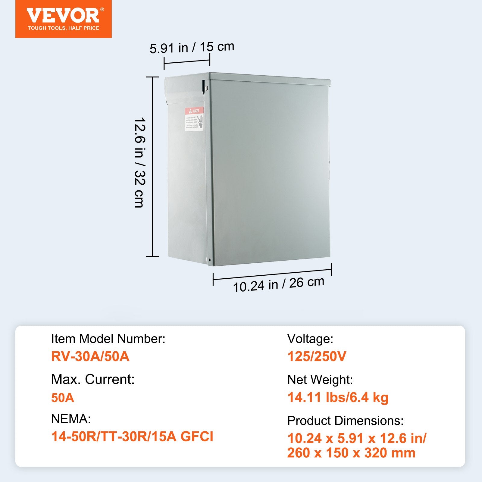 VEVOR Temporary Power Outlet Panel, 125/250V, RV Power Outlet Box with a 20/30/50 Amp Receptacle Installed, NEMA 14-50R / NEMA TT-30R / 15A GFCI for RV Camper Trailer Motorhome, Tested to UL Standards 