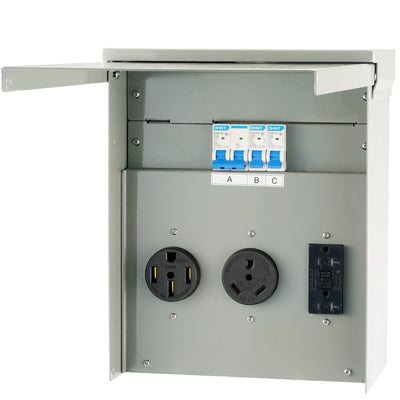 VEVOR Temporary Power Outlet Panel, 125/250V, RV Power Outlet Box with a 20/30/50 Amp Receptacle Installed, NEMA 14-50R / NEMA TT-30R / 15A GFCI for RV Camper Trailer Motorhome, Tested to UL Standards 