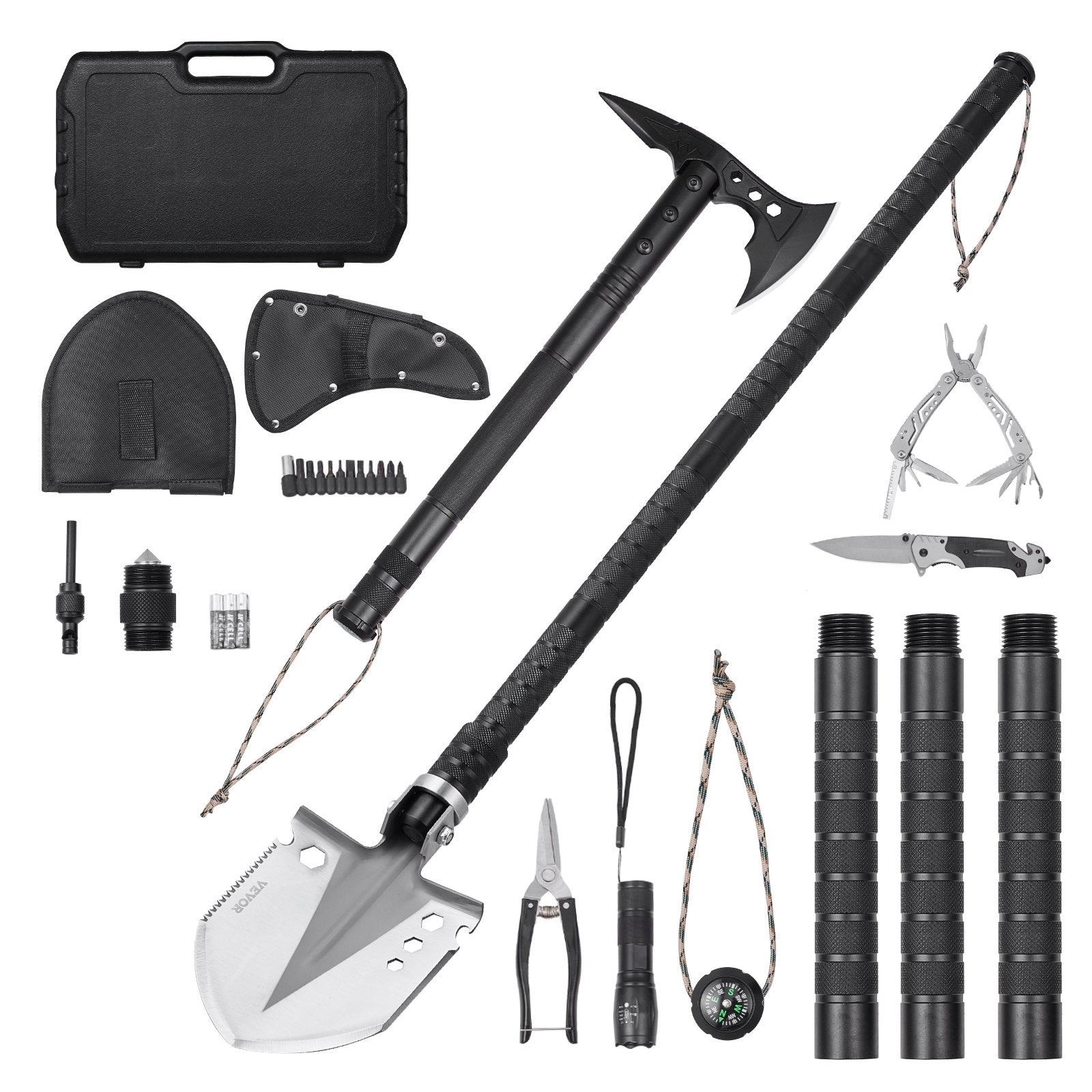 VEVOR Survival Shovel Survival Axe 28-in-1 Camping Folding Shovels with Hatchet 