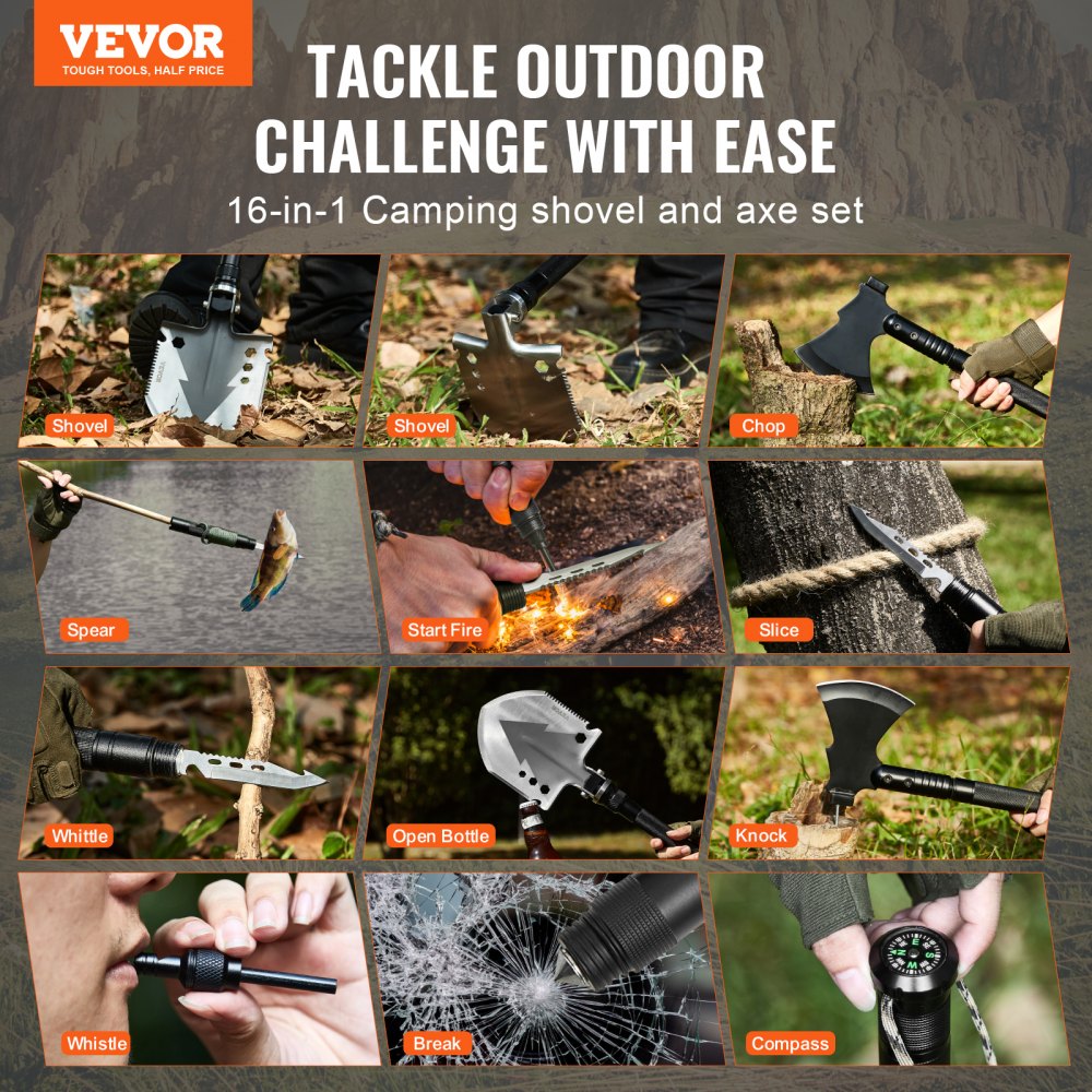 VEVOR Survival Shovel Survival Axe 16-in-1 Camping Folding Shovels with Hatchet 