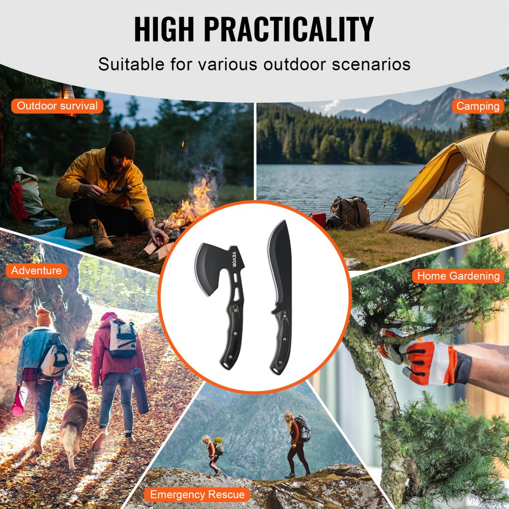 VEVOR Hunting Knife and Hatchet Axe Combo Set Sheath Fixed Blade Knife Camping 