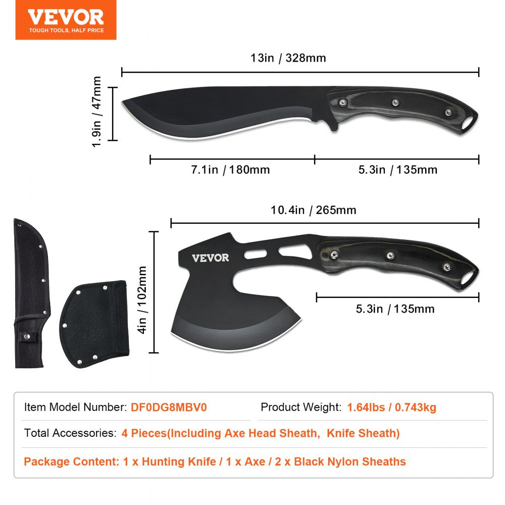 VEVOR Hunting Knife and Hatchet Axe Combo Set Sheath Fixed Blade Knife Camping 