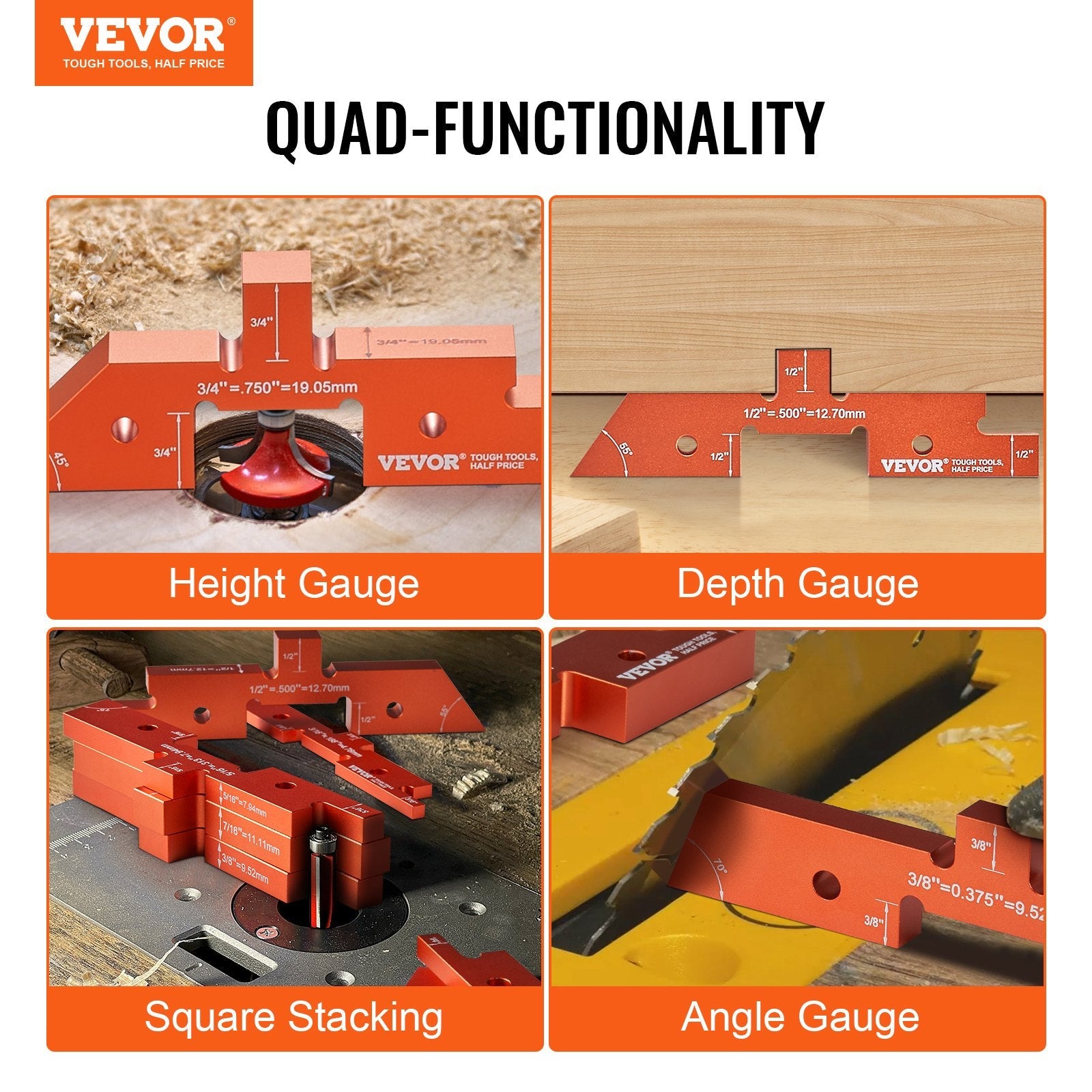 VEVOR Router Table Setup Bars, 14 pcs, Precision Aluminum Setup Blocks Height Gauge Set, with Laser Engraved Size Markings Storage Case, Measuring Depth Height Angle, for Router Table Saw Accessories 