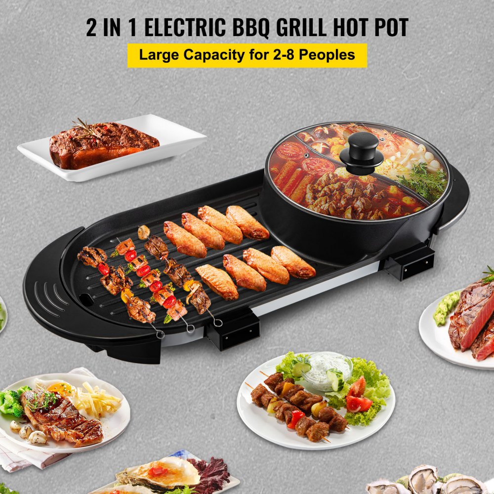 VEVOR 2 in 1 BBQ Pan Grill and Hot Pot with Divider Multifunctional Teppanyaki Grill Pot, Separate Dual Temperature Control Electric BBQ Stove Hot Pot, 5 Speed for Indoor Korean BBQ, Shabu Shabu Black 