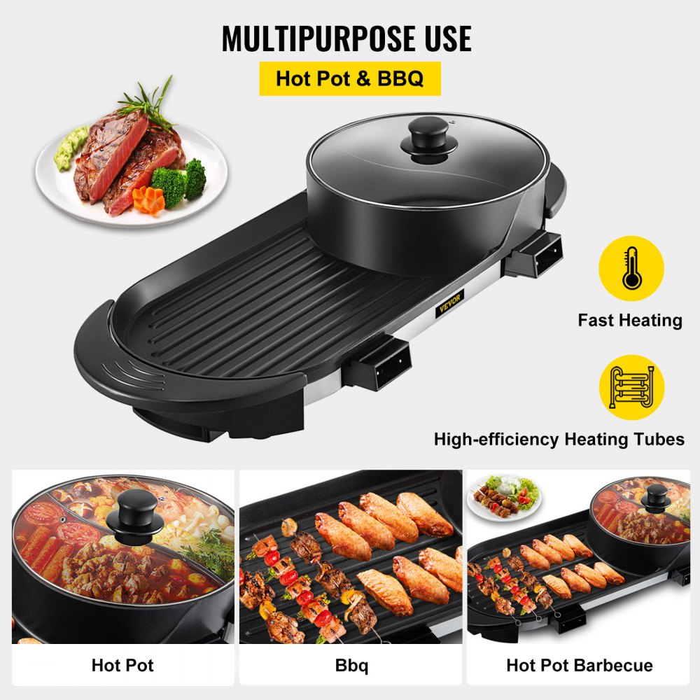 VEVOR 2 in 1 BBQ Pan Grill and Hot Pot with Divider Multifunctional Teppanyaki Grill Pot, Separate Dual Temperature Control Electric BBQ Stove Hot Pot, 5 Speed for Indoor Korean BBQ, Shabu Shabu Black 