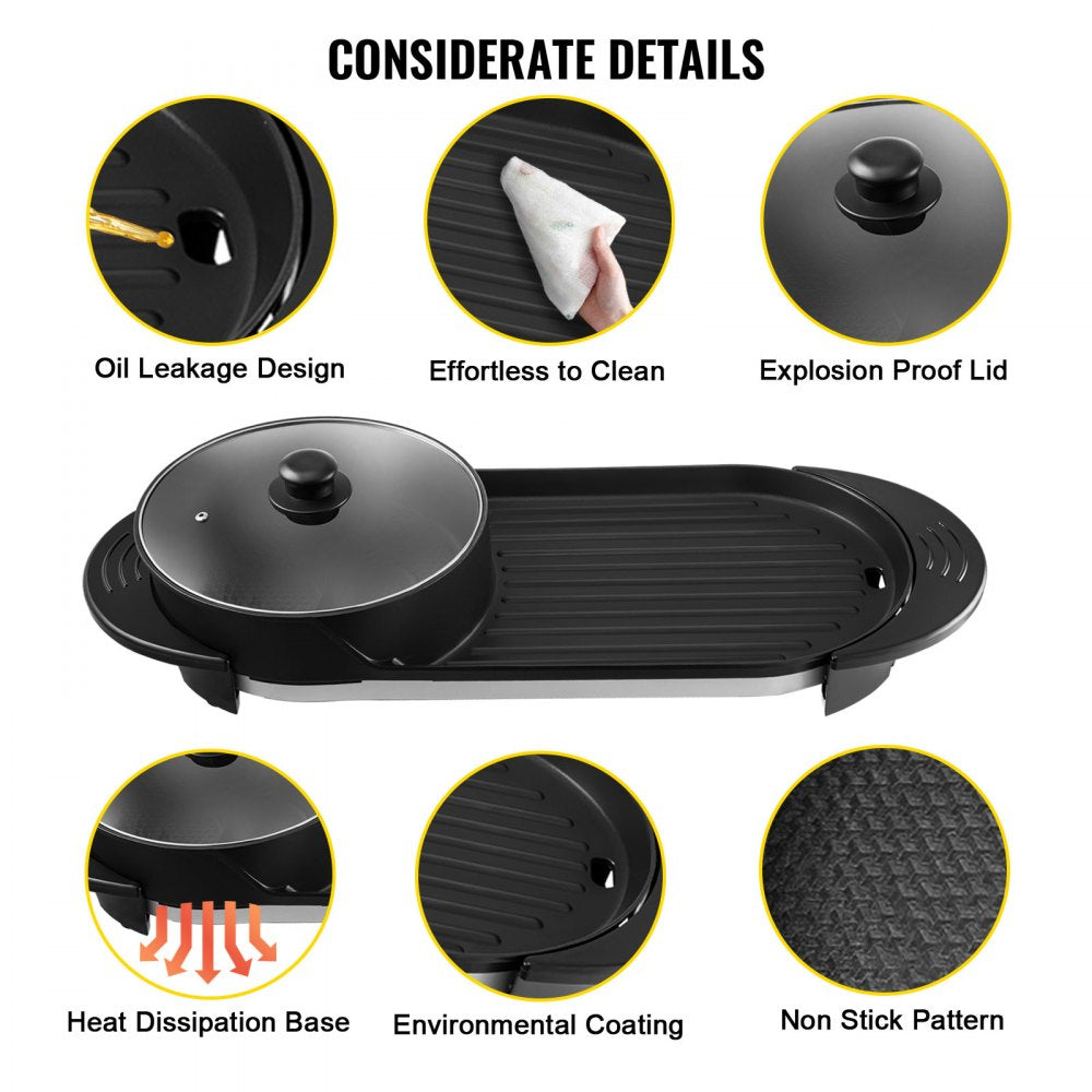 VEVOR 2 in 1 BBQ Pan Grill and Hot Pot with Divider Multifunctional Teppanyaki Grill Pot, Separate Dual Temperature Control Electric BBQ Stove Hot Pot, 5 Speed for Indoor Korean BBQ, Shabu Shabu Black 