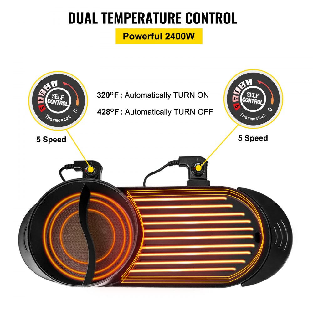 VEVOR 2 in 1 BBQ Pan Grill and Hot Pot with Divider Multifunctional Teppanyaki Grill Pot, Separate Dual Temperature Control Electric BBQ Stove Hot Pot, 5 Speed for Indoor Korean BBQ, Shabu Shabu Black 
